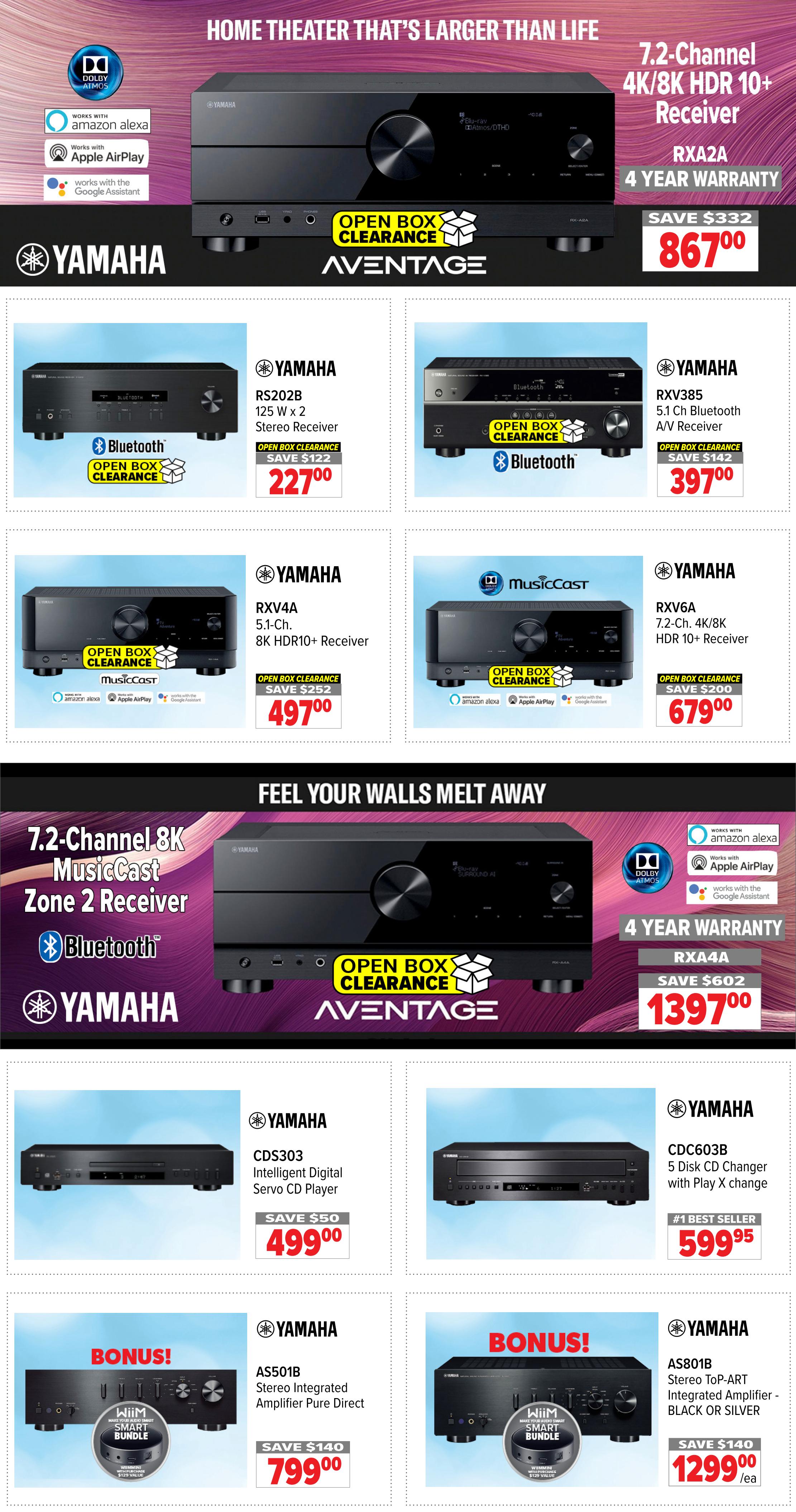 2001 Audio Video weekly flyer specials page 11 features home theatre systems. Top offers include the Yamaha RXA2A 7.2-Channel 4K/8K HDR 10+ Receiver for $867.00, saving $332. It works with Amazon Alexa, Apple AirPlay, and Google Assistant, and includes a 4-year warranty. Other Yamaha receivers on open box clearance are the RS202B 125W x 2 Stereo Receiver for $227.00 (save $122), RXV385 5.1 Ch Bluetooth A/V Receiver for $397.00 (save $142), RXV4A 5.1-Ch 8K HDR10+ Receiver for $497.00 (save $252), and RXV6A 7.2-Ch 4K/8K HDR 10+ Receiver for $679.00 (save $200). Also featured is the Yamaha RXA4A 7.2-Channel MusicCast Zone 2 Receiver for $1397.00, saving $602. Audio components include the Yamaha CDS303 Intelligent Digital Servo CD Player for $499.00 (save $50) and the #1 Best Seller Yamaha CDC603B 5 Disk CD Changer with Play X change for $599.95. Bonus offers include the Yamaha AS501B Stereo Integrated Amplifier Pure Direct for $799.00 (save $140) with a Wiimini bundle valued at $129, and the Yamaha AS801B Stereo ToP-ART Integrated Amplifier in Black or Silver for $1299.00/ea (save $140) with a Wiimini bundle valued at $129.