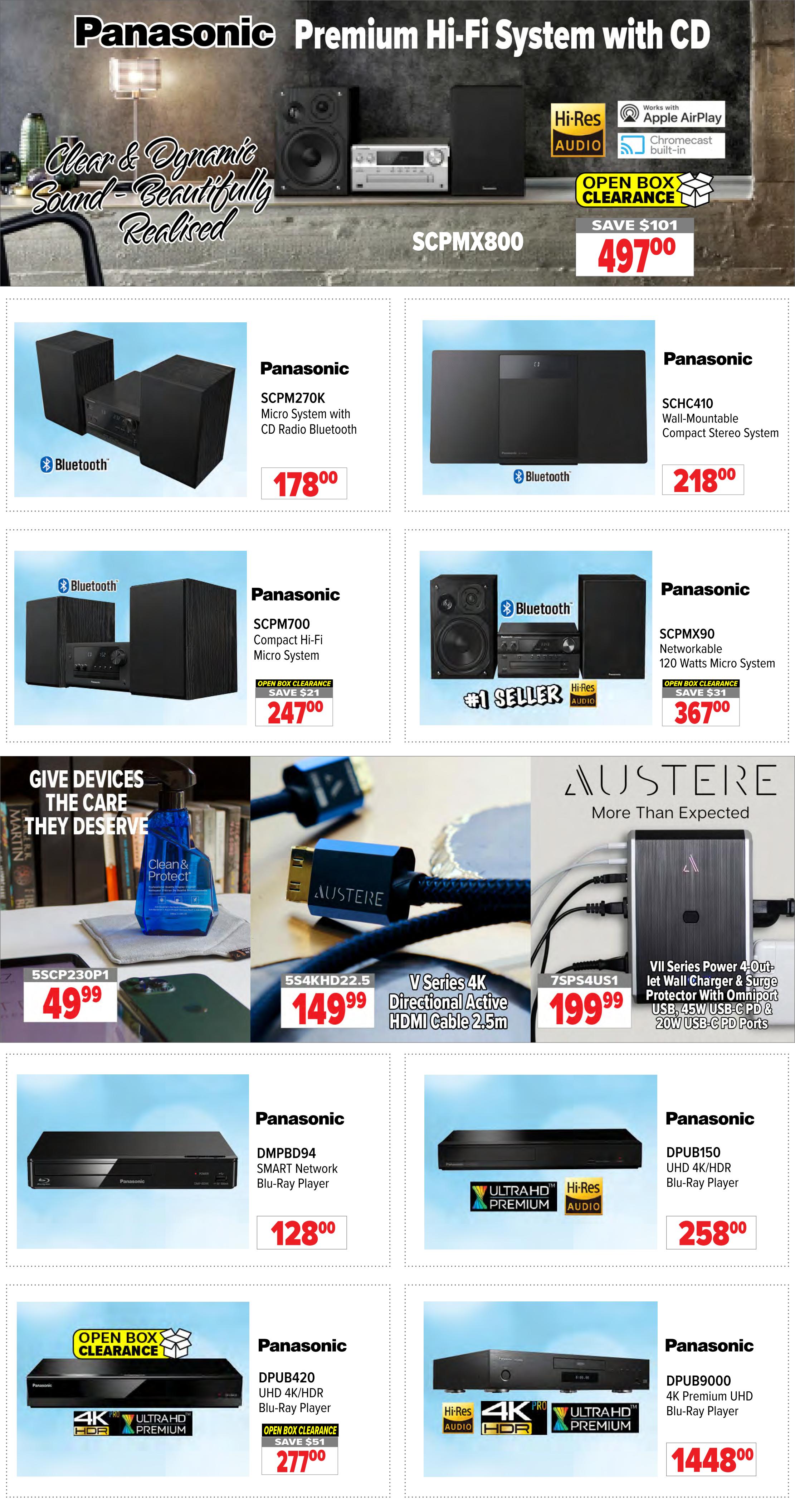 2001 Audio Video flyer page 14 features Panasonic Premium Hi-Fi Systems and Blu-Ray Players. The top banner showcases a Panasonic Premium Hi-Fi System with CD, model SCPMX800, with Apple AirPlay and Chromecast built-in, on Open Box Clearance for $497.00, saving $101. Below, find a Panasonic SCPM270K Micro System with CD Radio Bluetooth for $178.00. Another Panasonic SCHC410 Wall-Mountable Compact Stereo System with Bluetooth is available for $218.00. The Panasonic SCPM700 Compact Hi-Fi Micro System with Bluetooth is on Open Box Clearance for $247.00, saving $21. The Panasonic SCPMX90 Networkable 120 Watts Micro System, a #1 seller with Hi-Res Audio, is on Open Box Clearance for $367.00, saving $31. Featured in the middle section is a bottle of Clean & Protect Professional Quality Display Cleaner for $49.99, an Austere 5S4KHD22.5 V Series 4K Directional Active HDMI Cable 2.5m for $149.99, and an Austere VII Series Power 4-Outlet Wall Charger & Surge Protector with Omniport USB, 45W USB-C PD & 20W USB-C PD Ports for $199.99. Blu-Ray players include the Panasonic DMPBD94 SMART Network Blu-Ray Player for $128.00 and the Panasonic DPUB150 UHD 4K/HDR Hi-Res Audio Blu-Ray Player for $258.00. Also available is the Panasonic DPUB420 UHD 4K/HDR Blu-Ray Player on Open Box Clearance for $277.00, saving $51. Finally, the Panasonic DPUB9000 4K Premium UHD Hi-Res Audio Blu-Ray Player is priced at $1448.00.