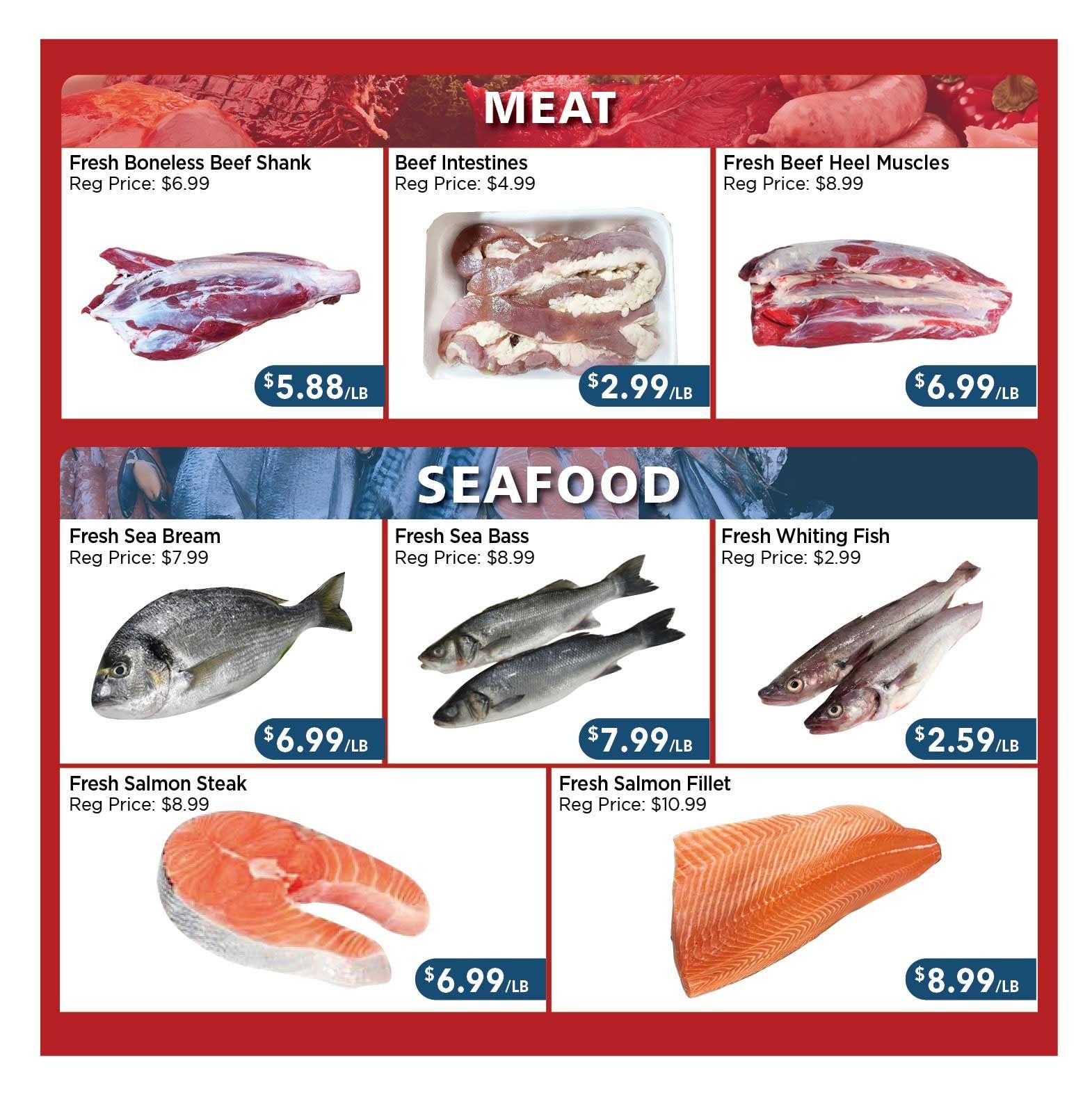 Blue Sky Supermarket weekly flyer specials, page 4. Featured meat products include Fresh Boneless Beef Shank for $5.88/lb (regular price $6.99), Beef Intestines for $2.99/lb (regular price $4.99), and Fresh Beef Heel Muscles for $6.99/lb (regular price $8.99). Seafood specials include Fresh Sea Bream for $6.99/lb (regular price $7.99), Fresh Sea Bass for $7.99/lb (regular price $8.99), Fresh Whiting Fish for $2.59/lb (regular price $2.99), Fresh Salmon Steak for $6.99/lb (regular price $8.99), and Fresh Salmon Fillet for $8.99/lb (regular price $10.99).