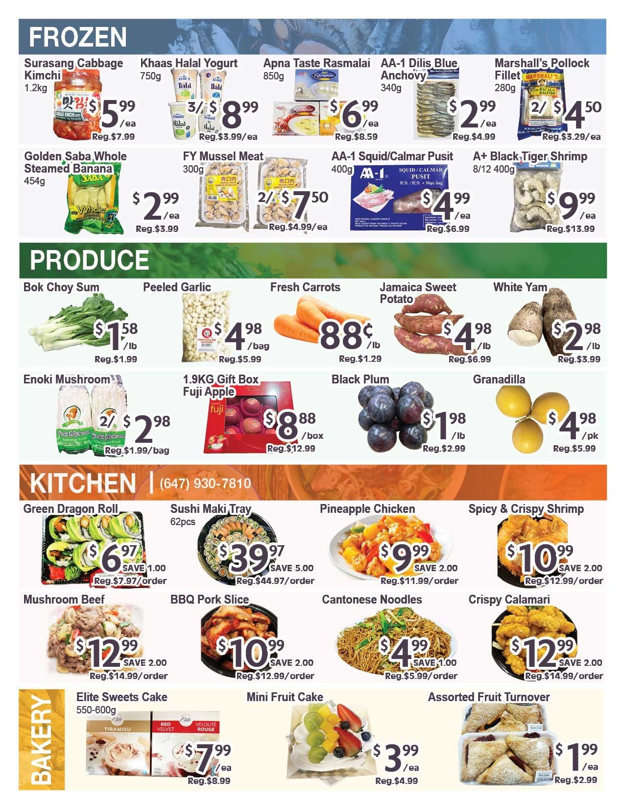 Blue Sky Supermarket weekly flyer specials page 4 features frozen items including Surasang Cabbage Kimchi for $5.99/ea, Khaas Halal Yogurt 750g for 3 for $8.99, Apna Taste Rasmalai 850g for $6.99/ea, AA-1 Dilis Blue Anchovy 340g for $2.99/ea, and Marshall's Pollock Fillet 280g for 2 for $4.50. Also available are Golden Saba Whole Steamed Banana 454g for $2.99/ea, FY Mussel Meat 300g for 2 for $7.50, AA-1 Squid/Calmar Pusit 400g for $4.99/ea, and A+ Black Tiger Shrimp 8/12 400g for $9.99/ea. Produce section includes Bok Choy Sum for $1.58/lb, Peeled Garlic for $4.98/bag, Fresh Carrots for 88¢/lb, Jamaica Sweet Potato for $4.98/lb, and White Yam for $2.98/lb. Enoki Mushroom is 2 for $2.98/bag, 1.9KG Gift Box Fuji Apple is $8.88/box, Black Plum is $1.98/lb, and Granadilla is $4.98/pk. The Kitchen section, with phone number (647) 930-7810, offers Green Dragon Roll for $6.97 (save $1.00), Sushi Maki Tray 62pcs for $39.97 (save $5.00), Pineapple Chicken for $9.99 (save $2.00), Spicy & Crispy Shrimp for $10.99 (save $2.00), Mushroom Beef for $12.99 (save $2.00), BBQ Pork Slice for $10.99 (save $2.00), Cantonese Noodles for $4.99 (save $1.00), and Crispy Calamari for $12.99 (save $2.00). The Bakery section includes Elite Sweets Cake 550-600g for $7.99/ea, Mini Fruit Cake for $3.99/ea, and Assorted Fruit Turnover for $1.99/ea.