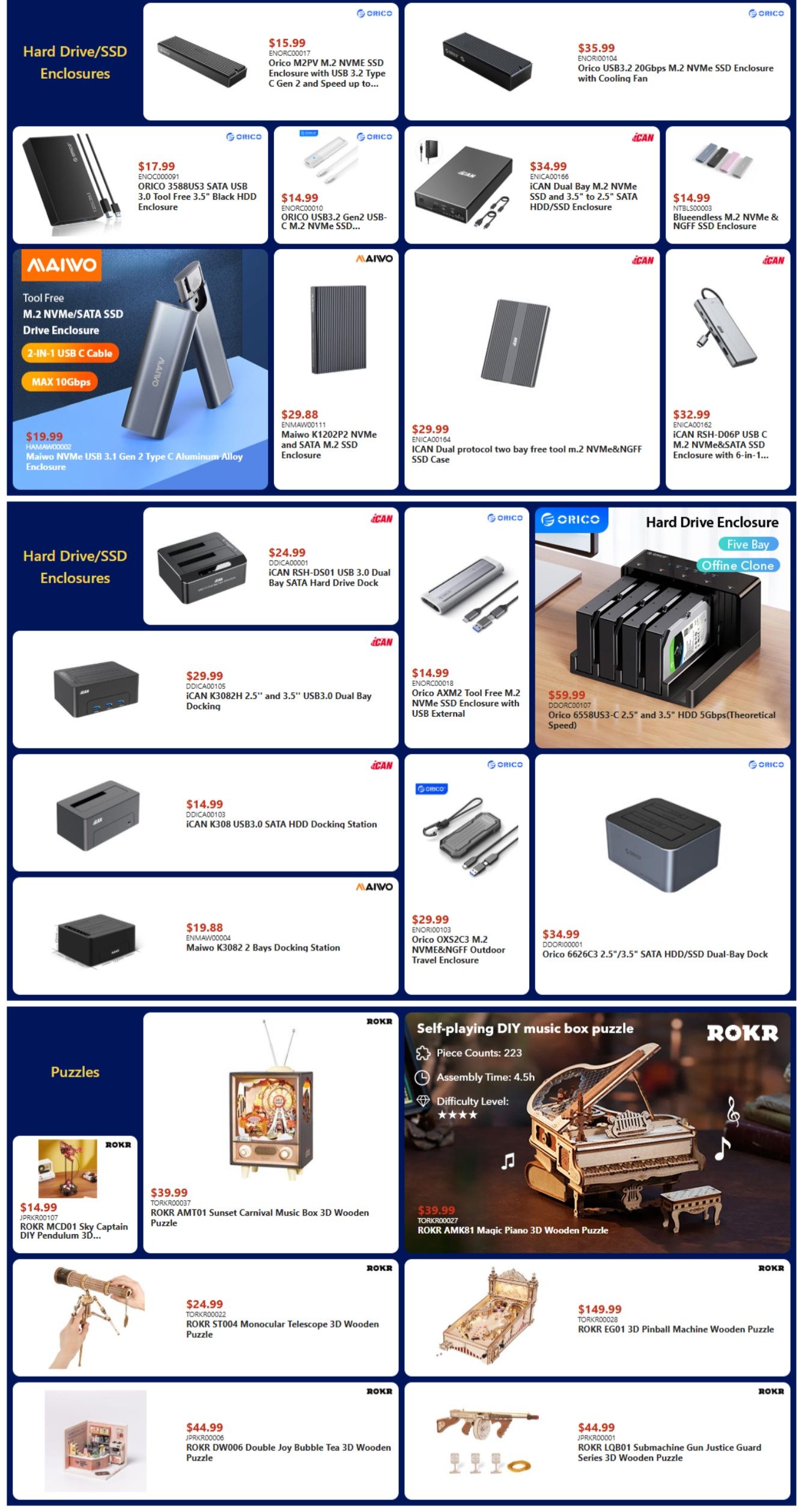 Page 6 of the Canada Computers flyer features a variety of hard drive/SSD enclosures and puzzles. Featured enclosures include the Orico M2NVME SSD Enclosure with USB 3.2 Type C Gen 2 for $15.99, Orico USB3.2 20Gbps M.2 NVMe SSD Enclosure with Cooling Fan for $35.99, and Maiwo NVMe USB 3.1 Gen 2 Type C Aluminum Alloy Enclosure for $19.99. Also available are the Maiwo K1202P2 NVMe and SATA M.2 SSD Enclosure for $29.88, ICAN Dual protocol two bay free tool m.2 NVMe&NGFF SSD Case for $29.99, and ICAN RSH-D06P USB C M.2 NVMe&SATA SSD Enclosure with 6-in-1... for $32.99. Docking stations include the Orico USB3.0 3.5' SATA Hard Drive Dock for $24.99, ICAN K308 2.5' and 3.5' USB3.0 Dual Bay Docking for $29.99, and Maiwo K3082 2 Bays Docking Station for $19.88. Other enclosures are the ICAN Dual Bay M.2 NVMe SSD and 3.5' to 2.5' SATA HDD/SSD Enclosure for $34.99, NTBLS00003 M.2 NVMe & NGFF SSD Enclosure for $14.99, ICAN K308 USB3.0 SATA HDD Docking Station for $14.99, Orico AXM2 Tool Free M.2 NVMe SSD Enclosure with USB External for $14.99, Orico OXS2C3 M.2 NVMe&NGFF Outdoor Travel Enclosure for $29.99, and Orico 6558US3-C 2.5' and 3.5' HDD 5Gbps(Theoretical Speed) for $59.99. The page also showcases ROKR DIY music box puzzles: ROKR AMT01 Sunset Carnival Music Box 3D Wooden Puzzle for $39.99, ROKR AMK81 Magic Piano 3D Wooden Puzzle for $39.99, ROKR MCD01 Sky Captain DIY Pendulum 3D... for $14.99, ROKR ST004 Monocular Telescope 3D Wooden Puzzle for $24.99, ROKR DW006 Double Joy Bubble Tea 3D Wooden Puzzle for $44.99, ROKR EG01 3D Pinball Machine Wooden Puzzle for $149.99, and ROKR LQB01 Submachine Gun Justice Guard Series 3D Wooden Puzzle for $44.99.