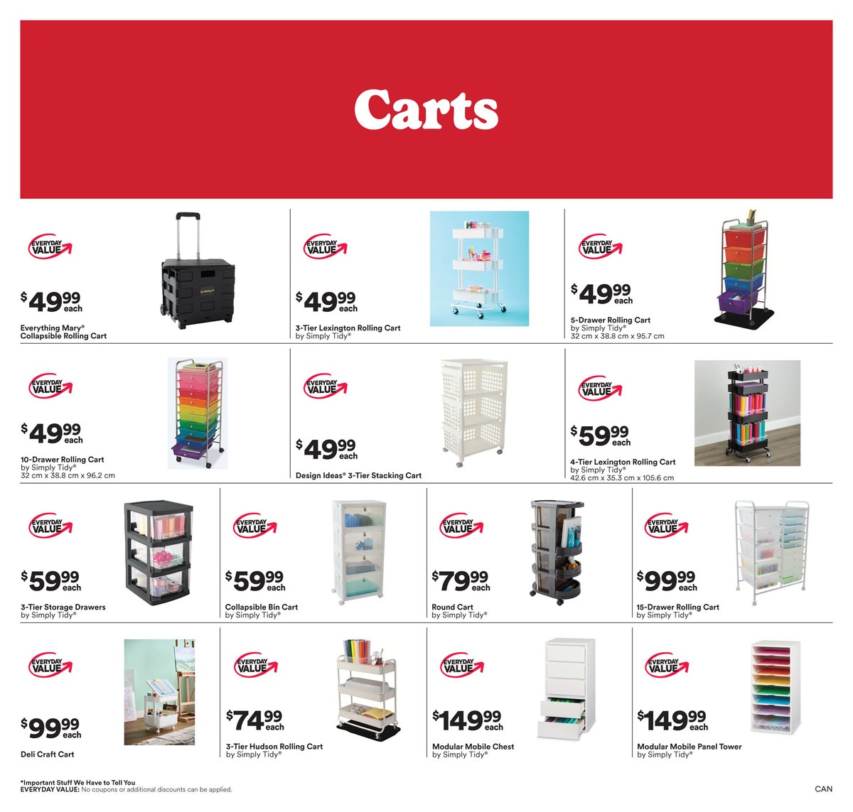 Michaels flyer page 3 features a variety of carts and storage solutions. Products include the Everything Mary Collapsible Rolling Cart for $49.99 each, a 3-Tier Lexington Rolling Cart by Simply Tidy for $49.99 each, a 5-Drawer Rolling Cart by Simply Tidy for $49.99 each, and a 10-Drawer Rolling Cart by Simply Tidy for $49.99 each. Also available are the Design Ideas 3-Tier Stacking Cart for $49.99 each, a 4-Tier Lexington Rolling Cart by Simply Tidy for $59.99 each, 3-Tier Storage Drawers by Simply Tidy for $59.99 each, and a Collapsible Bin Cart by Simply Tidy for $59.99 each. Additional items include a Round Cart by Simply Tidy for $79.99 each, a 15-Drawer Rolling Cart by Simply Tidy for $99.99 each, a Deli Craft Cart for $99.99 each, a 3-Tier Hudson Rolling Cart by Simply Tidy for $74.99 each, a Modular Mobile Chest by Simply Tidy for $149.99 each, and a Modular Mobile Panel Tower by Simply Tidy for $149.99 each. All items are part of the 'EVERYDAY VALUE' promotion.