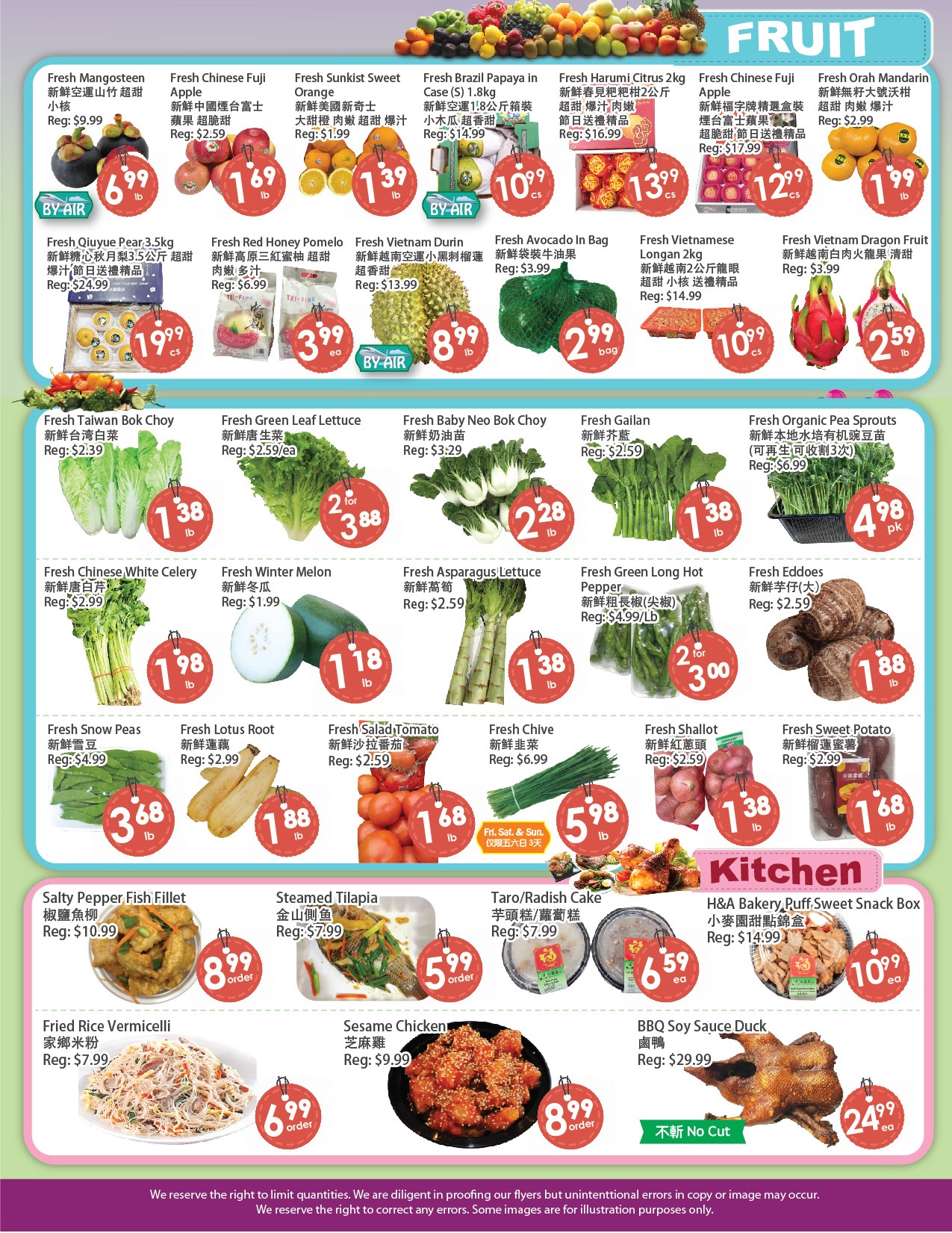 Fresh Palace Supermarket weekly flyer specials, page 3. Featured fruits include Fresh Mangosteen for $6.99/lb, Fresh Chinese Fuji Apple for $1.69/lb, Fresh Sunkist Sweet Orange for $1.39/lb, Fresh Brazil Papaya in Case (S) 1.8kg for $10.99/cs, Fresh Harumi Citrus 2kg for $13.99/cs, Fresh Chinese Fuji Apple for $12.99/cs, and Fresh Orah Mandarin for $1.99/lb. Also available are Fresh Qiuyue Pear, 3.5kg for $19.99/cs, Fresh Red Honey Pomelo for $3.99/ea, Fresh Vietnam Durin for $8.99/lb, Fresh Avocado In Bag for $2.99/bag, Fresh Vietnamese Longan 2kg for $10.99/cs, and Fresh Vietnam Dragon Fruit for $2.59/lb. Vegetable specials include Fresh Taiwan Bok Choy for $1.38/lb, Fresh Green Leaf Lettuce for 2 for $3.88, Fresh Baby Neo Bok Choy for $2.28/lb, Fresh Galan for $1.38/lb, and Fresh Organic Pea Sprouts for $4.98/pk. More vegetables: Fresh Chinese White Celery for $1.98/lb, Fresh Winter Melon for $1.18/lb, Fresh Asparagus Lettuce for $1.38/lb, Fresh Green Long Hot Pepper for 2 for $3.00, and Fresh Eddoes for $1.88/lb. Other produce includes Fresh Snow Peas for $3.68/lb, Fresh Lotus Root for $1.88/lb, Fresh Salad Tomato for $1.68/lb, Fresh Chive for $5.98/lb, and Fresh Shallot for $1.38/lb. Kitchen specials feature Salty Pepper Fish Fillet for $8.99/order, Steamed Tilapia for $5.99/order, Taro/Radish Cake for $5.99/order, Fried Rice Vermicelli for $6.99/order, Sesame Chicken for $8.99/order, and BBQ Soy Sauce Duck for $24.99/ea. H&A Bakery Puff Sweet Snack Box is $10.99/ea.