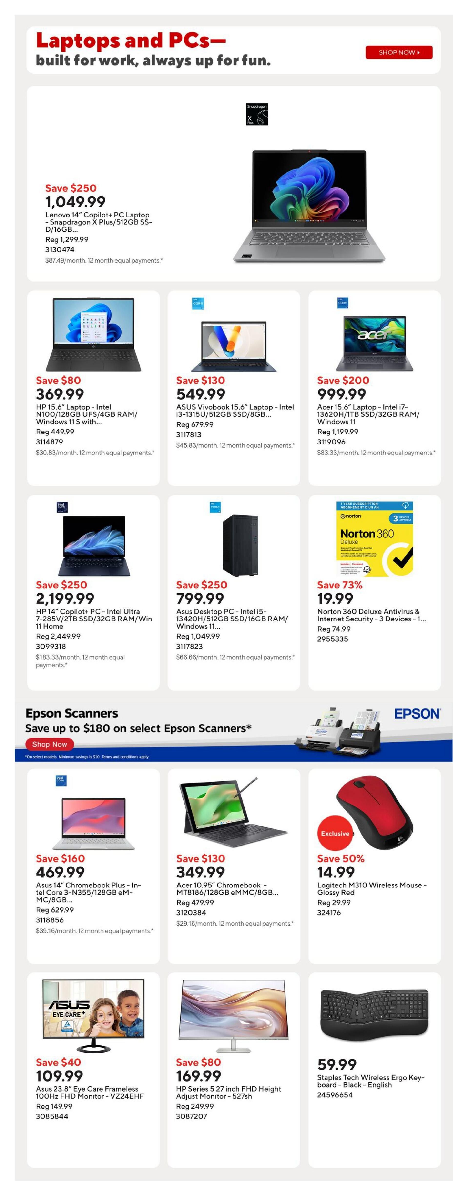 Staples weekly flyer page 8 features laptops and PCs, with a 'Shop Now' button. Featured laptops include the Lenovo 14' Copilot+ PC Laptop - Snapdragon X Plus/512GB SS-D/16GB for $1,049.99 (Save $250), HP 15.6' Laptop - Intel N100/128GB UFS/4GB RAM/Windows 11 S for $369.99 (Save $80), ASUS Vivobook 15.6' Laptop - Intel i3-1315U/512GB SSD/8GB RAM for $549.99 (Save $130), and Acer 15.6' Laptop - Intel i7-13620H/1TB SSD/32GB RAM for $999.99 (Save $200). Also available is the HP 14' Copilot+ PC - Intel Ultra 7-285V/2TB SSD/32GB RAM/Win 11 Home for $2,199.99 (Save $250) and Asus Desktop PC - Intel 13420H/512GB SSD/Windows 11 for $799.99 (Save $250). Software includes Norton 360 Deluxe Antivirus & Internet Security - 3 Devices for $19.99 (Save 73%). Epson Scanners are on sale with savings up to $180. Other electronics include the Asus 14' Chromebook Plus - Intel Core 3-N355/128GB eMMC/8GB RAM for $469.99 (Save $160), Acer 10.95' Chromebook - MT8186/128GB SSD for $349.99 (Save $130), and Logitech M310 Wireless Mouse - Glossy Red for $14.99 (Save 50%). Also featured are the Asus 23.8' Eye Care Frameless 100Hz FHD Monitor - VZ24EHF for $109.99 (Save $40), HP Series 5 27 inch FHD Height Adjust Monitor - 527sh for $169.99 (Save $80), and Staples Tech Wireless Ergo Keyboard - Black - English for $59.99.