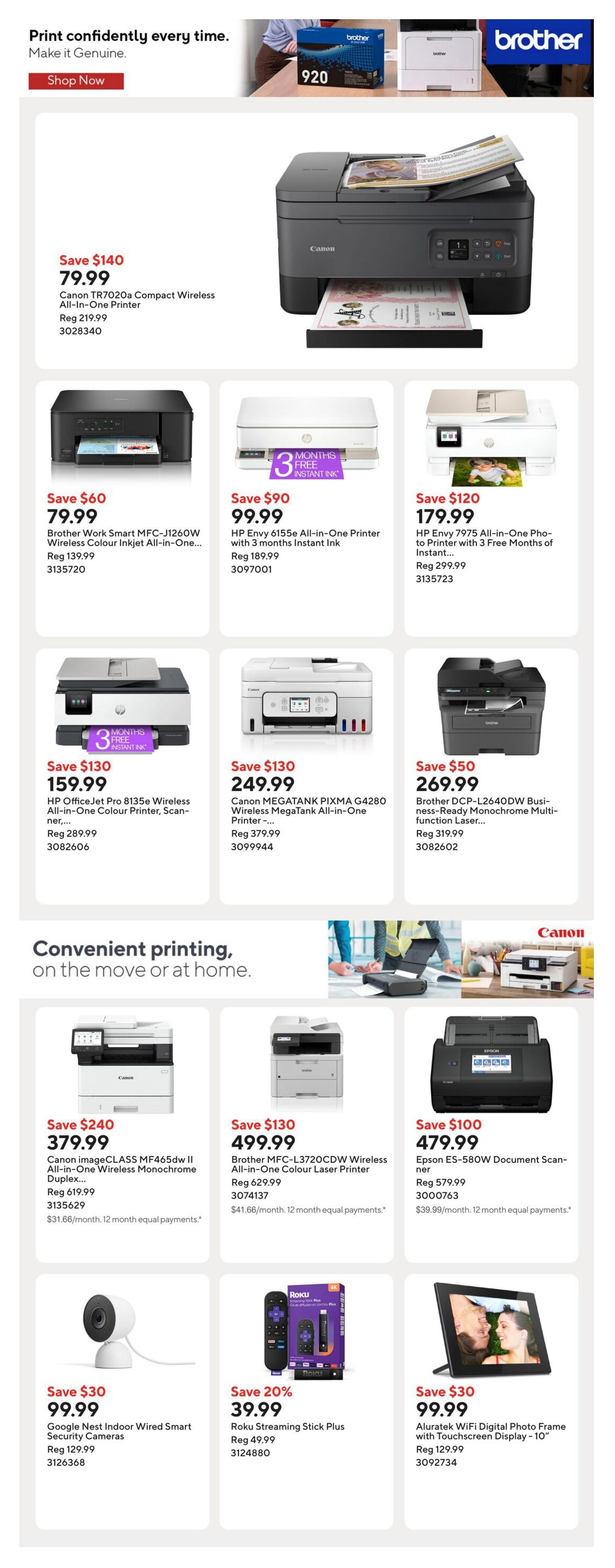 Staples Weekly Flyer Specials Page 11. Features Brother printers, Canon printers, HP printers, and Epson scanners. Top section highlights a Canon TR7020a Compact Wireless All-in-One Printer for $79.99 (Save $140), a Brother Work Smart MFC-J1260W Wireless Colour Inkjet All-in-One Printer for $79.99 (Save $60), an HP Envy 6155e All-in-One Printer with 3 months of Instant Ink for $99.99 (Save $90), and an HP Envy 7975 All-in-One Photo Printer with 3 Free Months of Instant Ink for $179.99 (Save $120). Also featured is an HP OfficeJet Pro 8135e Wireless All-in-One Colour Printer, Scanner for $159.99 (Save $130), a Canon MEGATANK PIXMA G4280 Wireless All-in-One Printer for $249.99 (Save $130), and a Brother DCP-L2640DW Business-Ready Monochrome Multi-function Laser Printer for $269.99 (Save $50). The bottom section, themed 'Convenient printing, on the move or at home', includes a Canon imageCLASS MF465dw II All-in-One Wireless Monochrome Duplex Printer for $379.99 (Save $240), a Brother MFC-L3720CDW Wireless Colour Laser Printer for $499.99 (Save $130), and an Epson ES-580W Document Scanner for $479.99 (Save $100). Additional items include Google Nest Indoor Wired Smart Security Cameras for $99.99 (Save $30), Roku Streaming Stick Plus for $39.99 (Save 20%), and an Aluratek WiFi Digital Photo Frame with Touchscreen Display - 10' for $99.99 (Save $30).