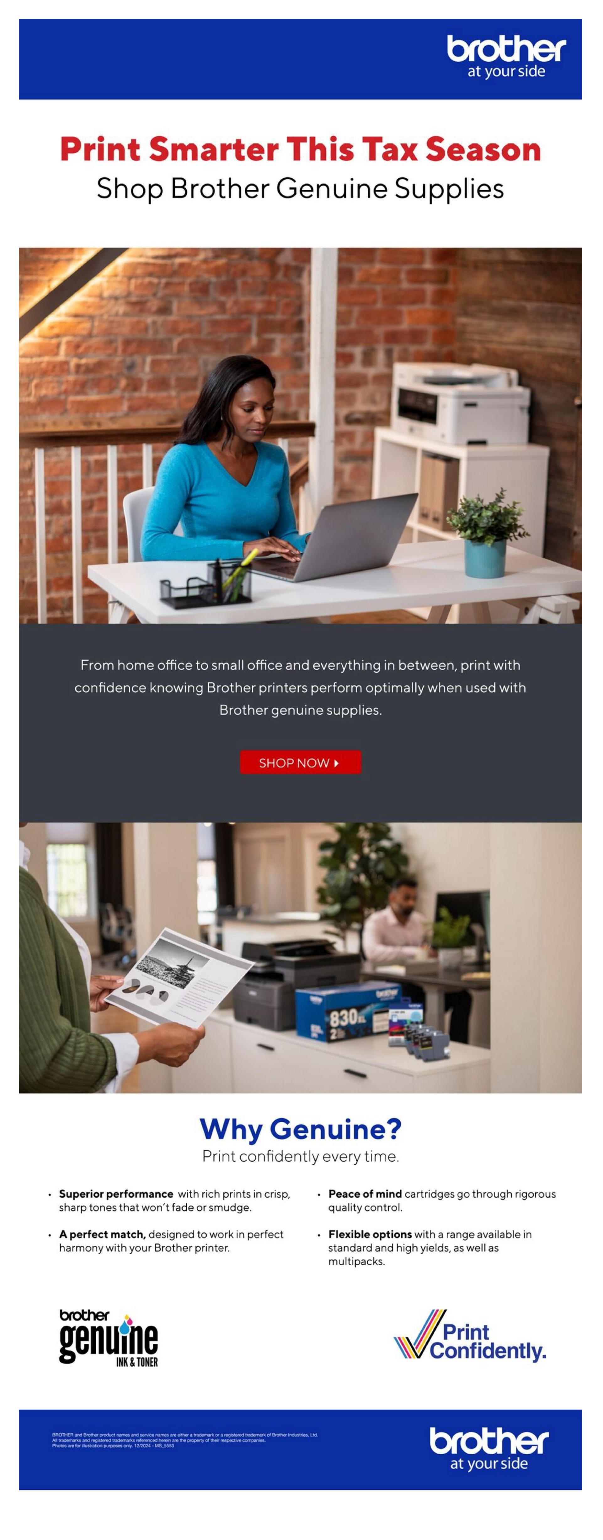 Staples flyer page 18 showcasing Brother Genuine Supplies for tax season. Features images of people using Brother printers in home and office settings. Highlights the benefits of using genuine Brother ink and toner, including superior performance, perfect match with printers, peace of mind through quality control, and flexible options with multipacks. Includes the Brother Genuine Ink & Toner logo and the 'Print Confidently' slogan. The page encourages shoppers to 'Print Smarter This Tax Season' and 'Shop Brother Genuine Supplies's Genuine Supplies' with a 'Shop Now' button.