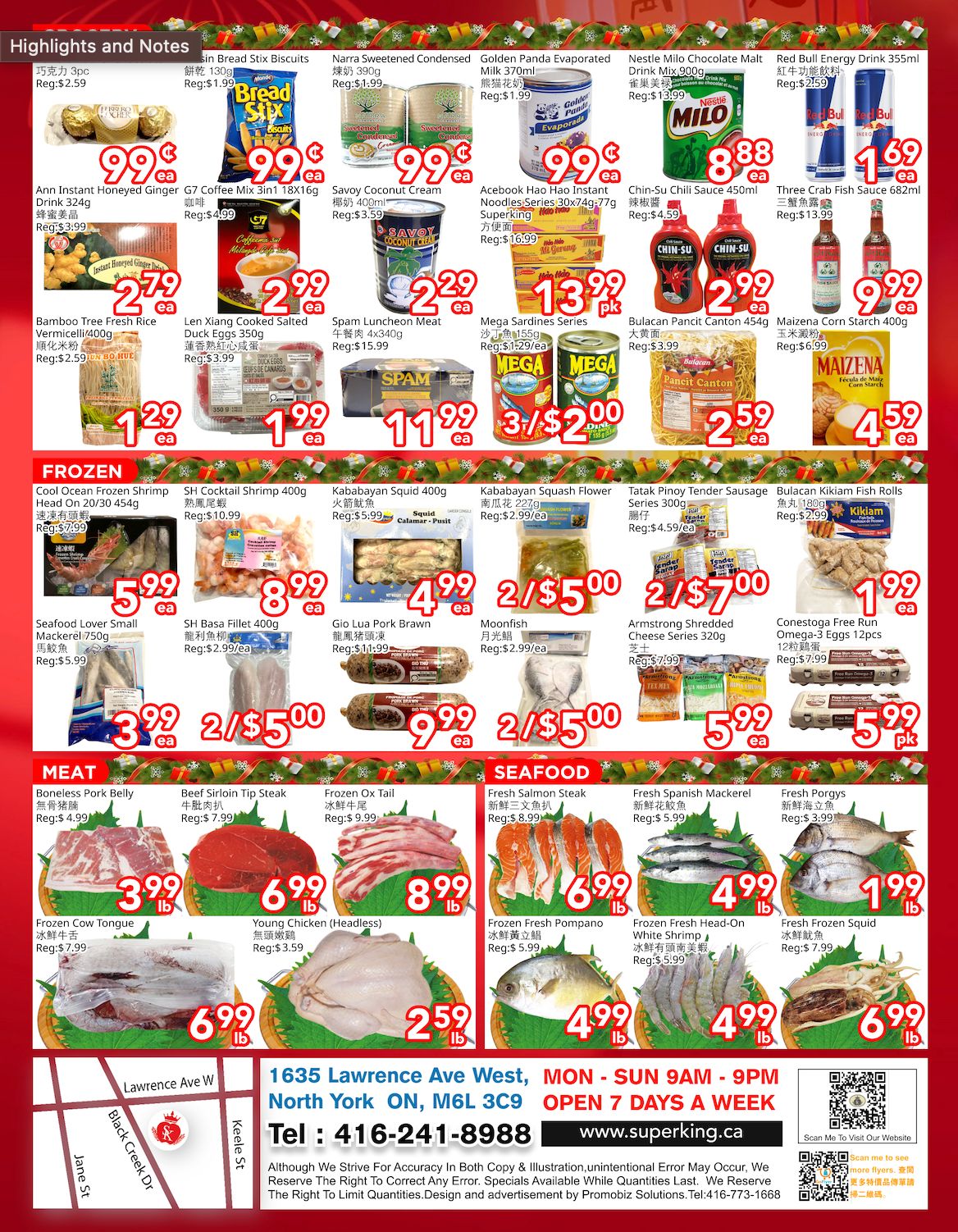 Superking Supermarket weekly flyer specials for Page 2, featuring a variety of food items. Highlights include Ann Instant Honeyed Ginger G7 Coffee Mix for $0.99, Narra Sweetened Condensed Milk for $0.99, and Nestle Milo Chocolate Malt Drink for $0.88. Other deals are Bamboo Tree Fresh Rice Vermicelli for $2.79, Len Xiang Cooked Salted Duck Eggs for $2.99, Spam Luncheon Meat for $11.99, Mega Sardines Series for $13.99, and Maizena Corn Starch for $4.59. Frozen items on sale are Cool Ocean Frozen Shrimp Head On for $5.99, SH Cocktail Shrimp for $8.99, Kababayan Squid for $4.99, Kababayan Squash Flower for 2 for $5.00, Armstrong Shredded Cheese for 2 for $7.00, and Conestoga Free Run Omega-3 Eggs for $5.99. Meat specials include Boneless Pork Belly for $3.99/lb, Beef Sirloin Tip Steak for $6.99/lb, Frozen Ox Tail for $8.99/lb, and Young Chicken (Headless) for $2.59/lb. Seafood deals feature Fresh Salmon Steak for $6.99/lb, Frozen Fresh Pompano for $4.99/lb, Fresh Head-On White Shrimp for $4.99/lb, and Fresh Frozen Squid for $6.99/lb. The store is located at 1635 Lawrence Ave West, North York, ON, M6L 3C9, open Monday to Sunday from 9 AM to 9 PM, with phone number 416-241-8988 and website www.superking.ca.