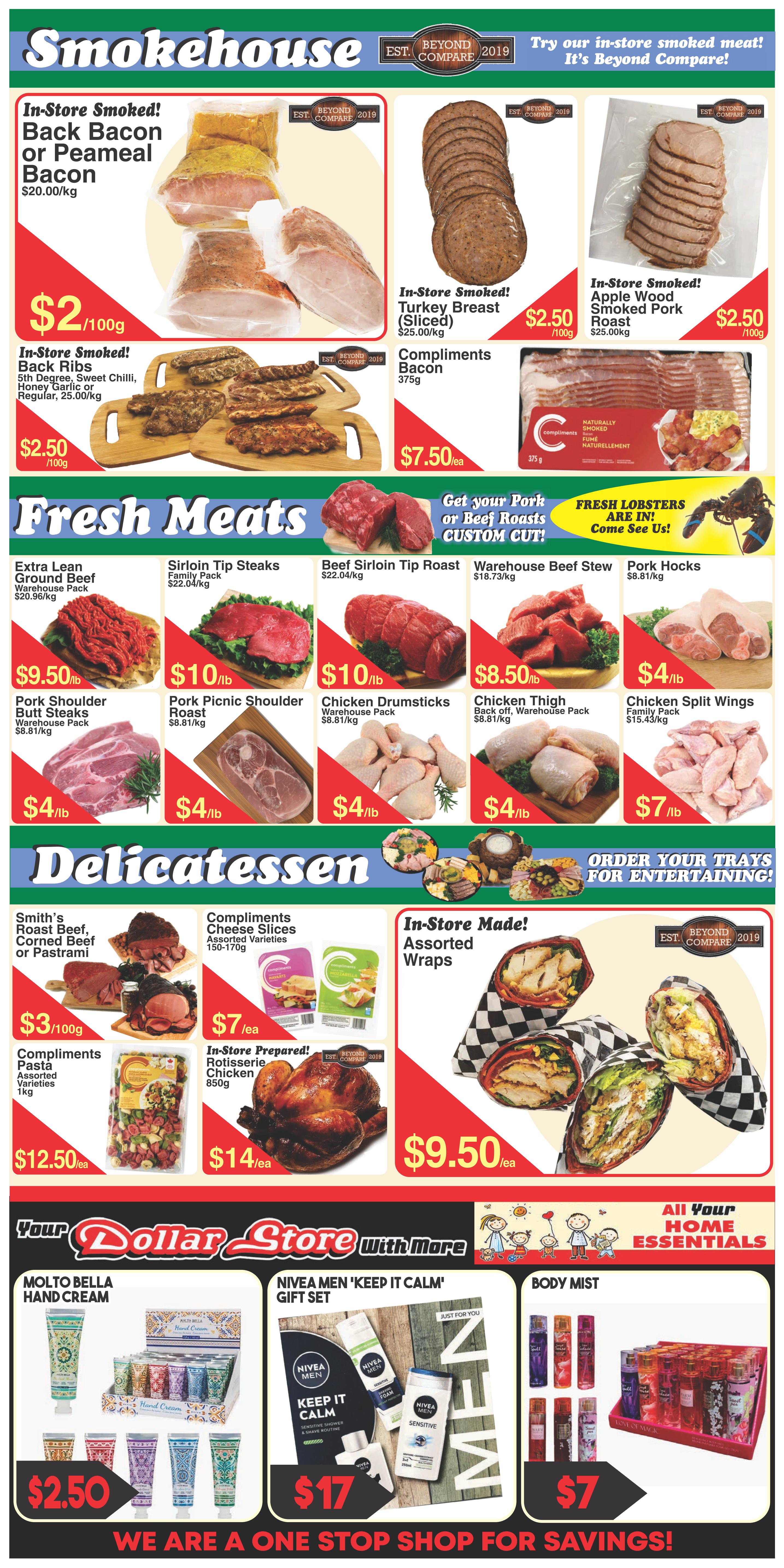 Fresh Market Foods weekly flyer specials, page 2. Features a 'Smokehouse' section with In-Store Smoked! Back Bacon or Peameal Bacon for $20.00/kg, In-Store Smoked! Back Ribs in various flavours for $2.50/100g, In-Store Smoked! Turkey Breast (Sliced) for $2.50/100g, In-Store Smoked! Apple Wood Smoked Pork Roast for $2.50/100g, and Compliments Bacon (375g) for $7.50 each. The 'Fresh Meats' section includes Extra Lean Ground Beef Warehouse Pack for $9.50/lb, Sirloin Tip Steaks Family Pack for $10/lb, Beef Sirloin Tip Roast for $10/lb, Pork Shoulder Butt Steaks Warehouse Pack for $4/lb, Pork Picnic Shoulder Roast for $4/lb, Chicken Drumsticks Warehouse Pack for $4/lb, Chicken Thigh Back off, Warehouse Pack for $4/lb, Chicken Split Wings Family Pack for $7/lb, Warehouse Beef Stew for $8.50/lb, and Pork Hocks for $4/lb. The 'Delicatessen' section offers Smith's Roast Beef, Corned Beef or Pastrami for $3/100g, Compliments Cheese Slices (Assorted Varieties, 150-170g) for $7 each, Compliments Pasta (Assorted Varieties, 1kg) for $12.50 each, and In-Store Prepared! Rotisserie Chicken (850g) for $14 each. It also advertises In-Store Made! Assorted Wraps for $9.50 each and encourages ordering party trays. The bottom section, 'Your Dollar Store With More', highlights Molto Bella Hand Cream for $2.50, Nivea Men 'Keep It Calm' Gift Set for $17, and Body Mist for $7. The page tagline is 'We are a one stop shop for savings!'