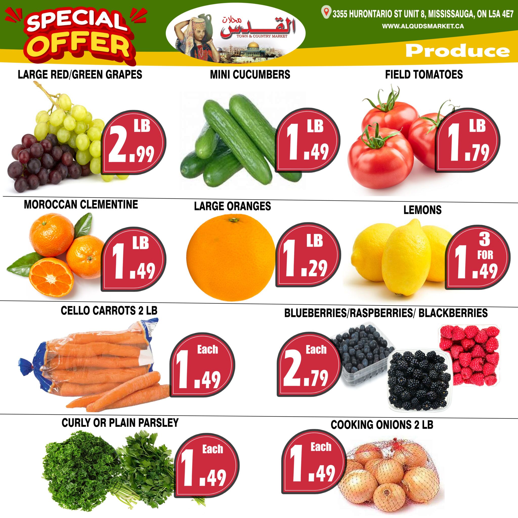 Al-Quds Market weekly flyer specials page 3 features a variety of fresh produce. Large red/green grapes are $2.99 per pound. Mini cucumbers are $1.49 per pound. Field tomatoes are $1.79 per pound. Moroccan clementines are $1.49 per pound. Large oranges are $1.29 per pound. Lemons are 3 for $1.49. Cello carrots, 2 lb bag, are $1.49 each. Blueberries, raspberries, and blackberries are $2.79 each. Curly or plain parsley is $1.49 each. Cooking onions, 2 lb bag, are $1.49 each.