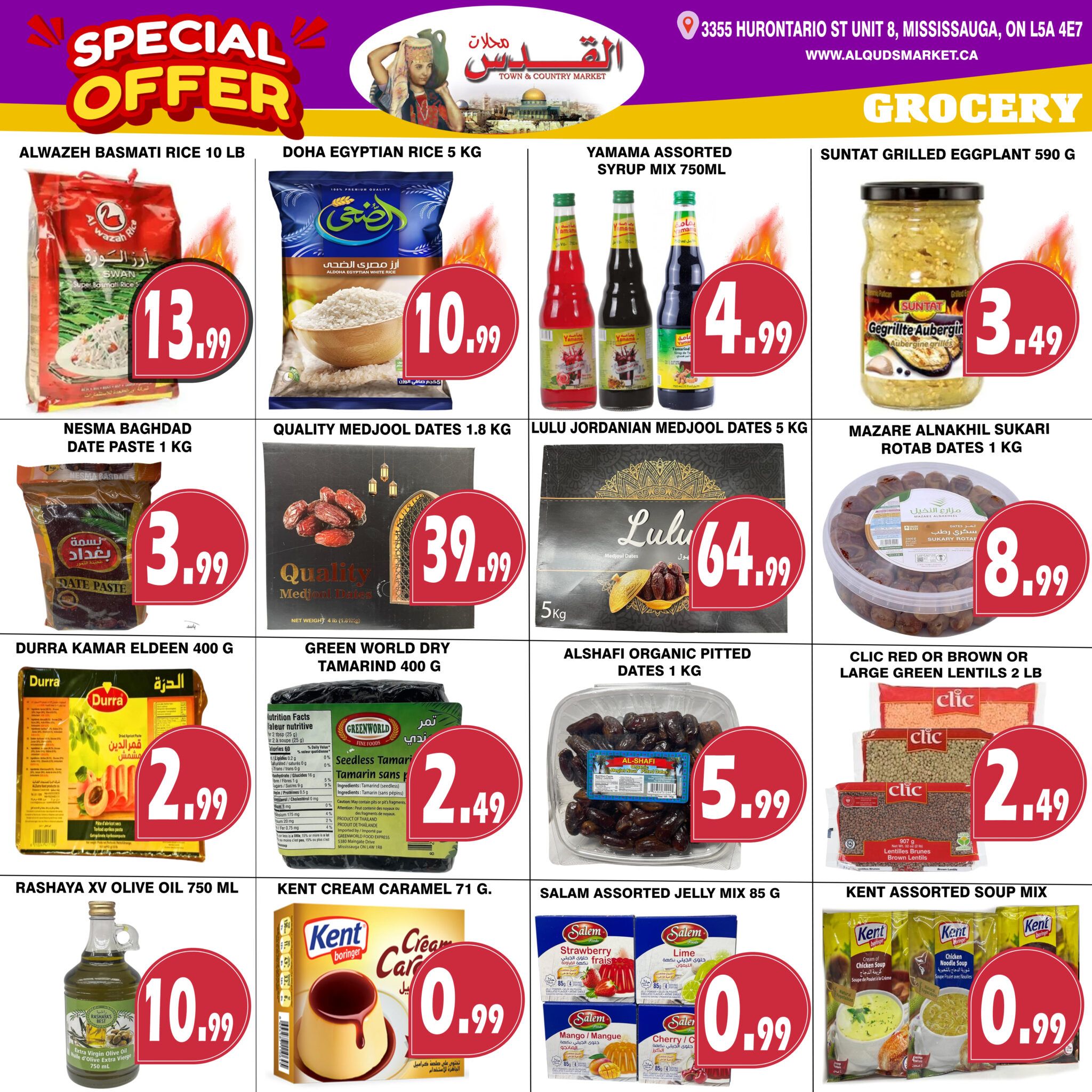 Al-Quds Market weekly flyer specials page 4 features a variety of grocery items. Highlights include Alwazeh Basmati Rice 10 LB for $13.99, Doha Egyptian Rice 5 KG for $10.99, and Yamama Assorted Syrup Mix 750ML for $4.99. Also featured are Suntat Grilled Eggplant 590 G for $3.49, Nesma Baghdad Date Paste 1 KG for $3.99, Quality Medjool Dates 1.8 KG for $39.99, Lulu Jordanian Medjool Dates 5 KG for $64.99, and Mazare Alnakhil Sukari Rotab Dates 1 KG for $8.99. Additional offers include Durra Kamar Eldeen 400 G for $2.99, Green World Dry Tamarind 400 G for $2.49, Alshafi Organic Pitted Dates 1 KG for $5.99, and Clic Red or Brown or Large Green Lentils 2 LB for $2.49. The page also shows Rashaya XV Olive Oil 750 ML for $10.99, Kent Cream Caramel 71 G for $0.99, Salem Assorted Jelly Mix 85 G for $0.99, and Kent Assorted Soup Mix for $0.99.