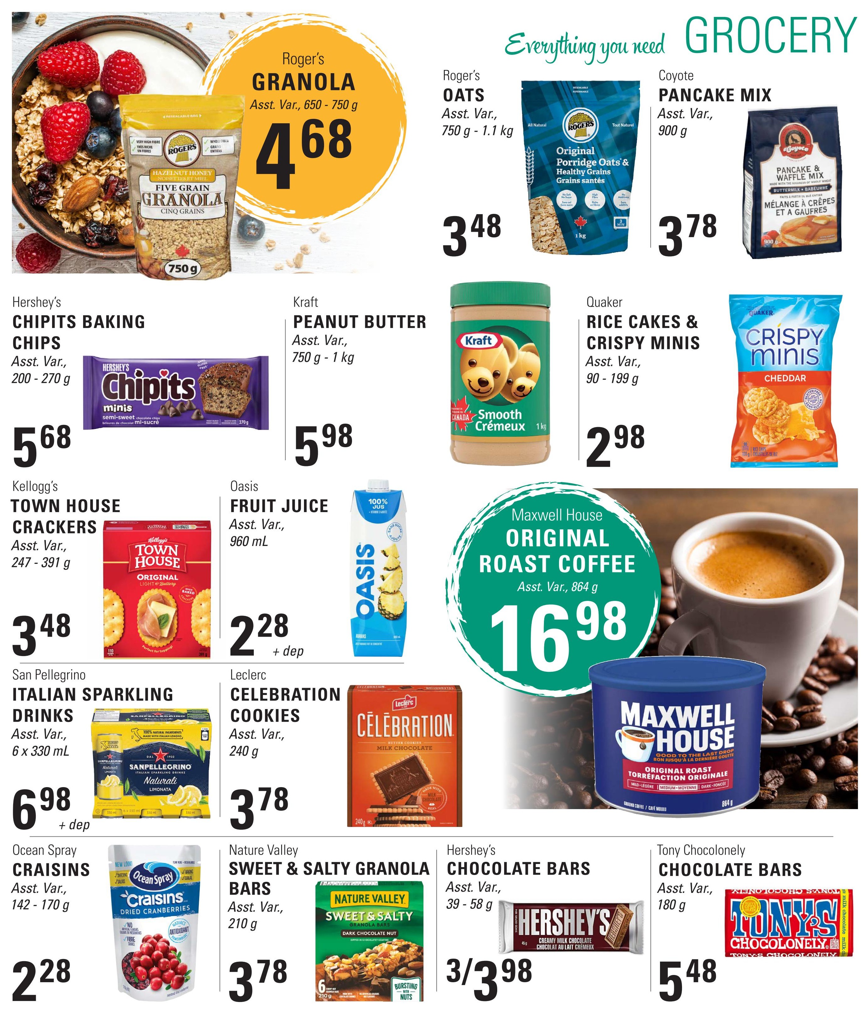 Askew's Foods weekly flyer specials page 3 features a variety of grocery items. Highlighted are Roger's Granola for $4.68, Roger's Oats for $3.48, and Coyote Pancake Mix for $3.78. Also available are Hershey's Chocits Baking Chips for $5.68, Kraft Peanut Butter for $5.98, and Quaker Rice Cakes & Crispy Minis for $2.98. Other deals include Kellogg's Town House Crackers for $3.48, Oasis Fruit Juice for $2.28 plus deposit, San Pellegrino Italian Sparkling Drinks for $6.98 plus deposit, Leclerc Celebration Cookies for $3.78, Maxwell House Original Roast Coffee for $16.98, Ocean Spray Craisins for $2.28, Nature Valley Sweet & Salty Granola Bars for $3.78, Hershey's Chocolate Bars for 3 for $3.98, and Tony Chocolonely Chocolate Bars for $5.48.