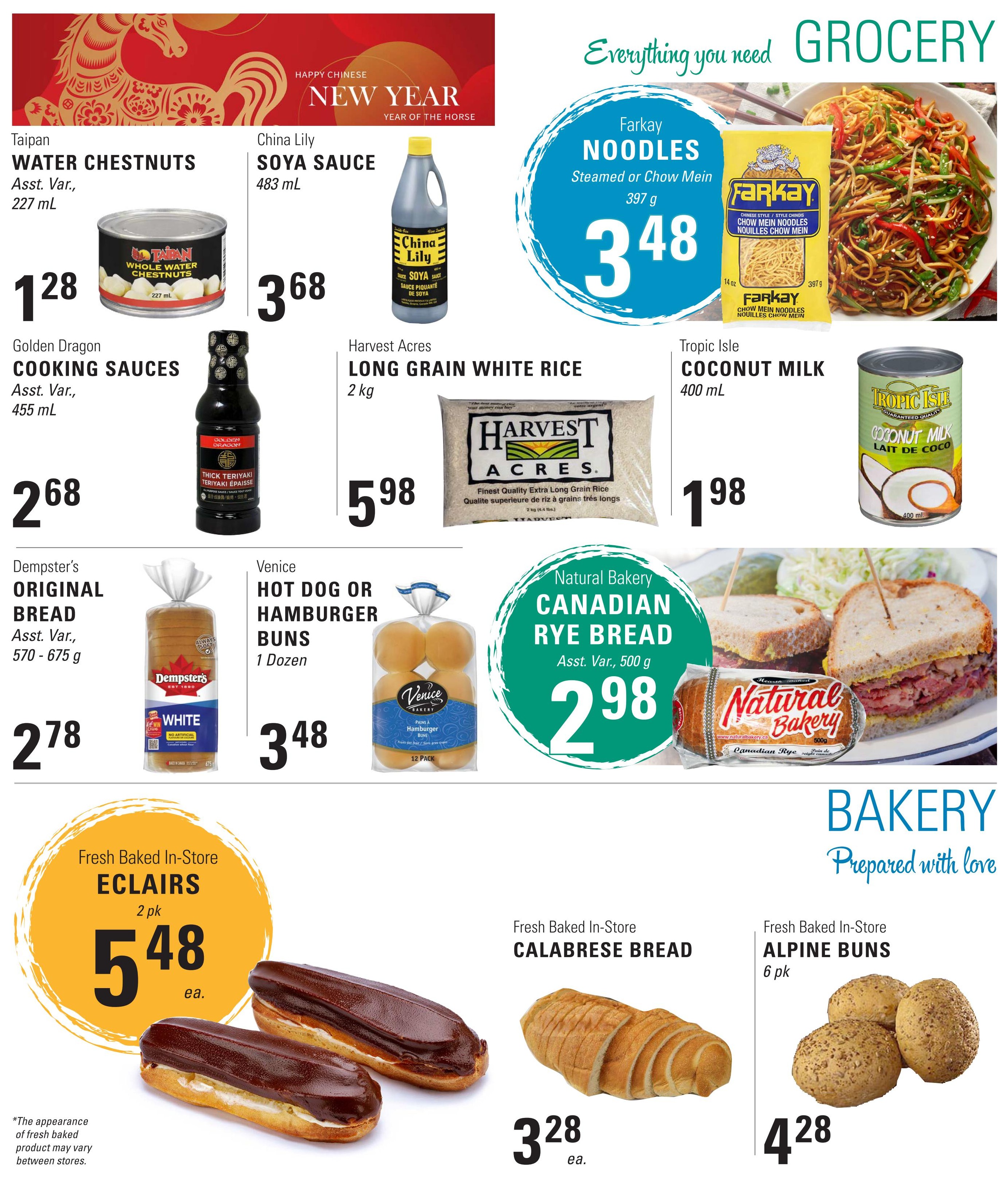 Askew's Foods weekly flyer specials page 5 features a variety of grocery and bakery items. Grocery deals include Taipan Water Chestnuts for $1.28, China Lily Soya Sauce for $3.68, Golden Dragon Cooking Sauces for $2.68, Farkay Noodles (Steamed or Chow Mein) for $3.48, Harvest Acres Long Grain White Rice for $5.98, and Tropic Isle Coconut Milk for $1.98. Bakery items on sale are Dempster's Original Bread for $2.78, Venice Hot Dog or Hamburger Buns (1 dozen) for $3.48, Natural Bakery Canadian Rye Bread for $2.98, Fresh Baked In-Store Eclairs (2 pk) for $5.48 each, Fresh Baked In-Store Calabrese Bread for $3.28 each, and Fresh Baked In-Store Alpine Buns (6 pk) for $4.28.
