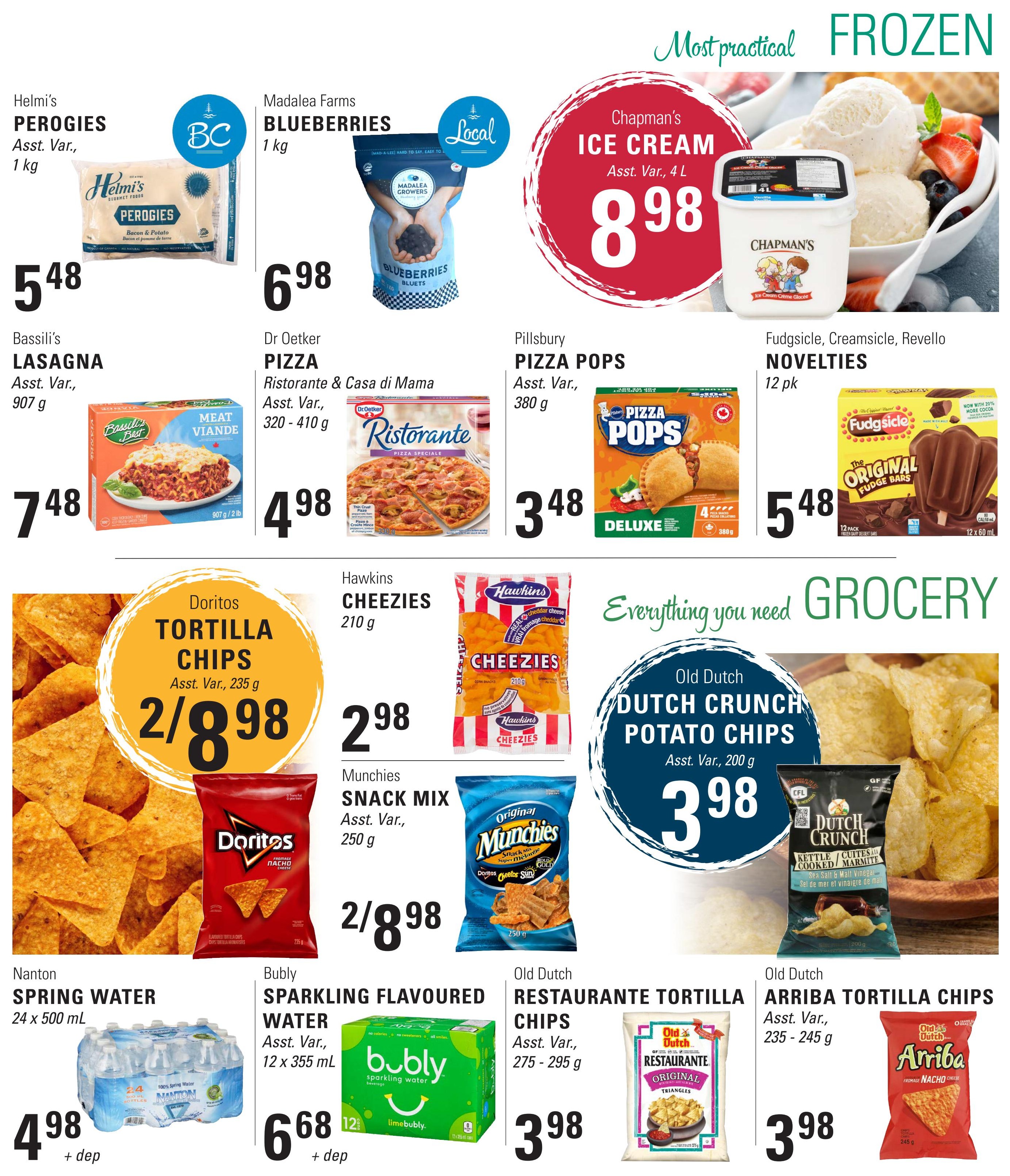 Askew's Foods weekly flyer specials page 9 features frozen and grocery items. Frozen deals include Helmi's Perogies at $5.48 for 1 kg, Madalea Farms Blueberries at $6.98 for 1 kg, Chapman's Ice Cream (4 L) for $8.98, Bassili's Lasagna (907 g) for $7.48, Dr Oetker Ristorante Pizza (320-410 g) for $4.98, Pillsbury Pizza Pops (380 g) for $3.48, and Fudgsicle/Creamsicle/Revello Novelties (12 pk) for $5.48. Grocery highlights include Doritos Tortilla Chips (235 g) on sale for 2 for $8.98, Hawkins Cheezies (210 g) for $2.98, Munchies Snack Mix (250 g) for 2 for $8.98, Old Dutch Dutch Crunch Potato Chips (200 g) for $3.98, Nanton Spring Water (24 x 500 mL) for $4.98 plus deposit, and Bubly Sparkling Flavoured Water (12 x 355 mL) for $6.68 plus deposit. Also featured are Old Dutch Restaurante Tortilla Chips (275-295 g) for $3.98 and Old Dutch Arriba Tortilla Chips (235-245 g) for $3.98.