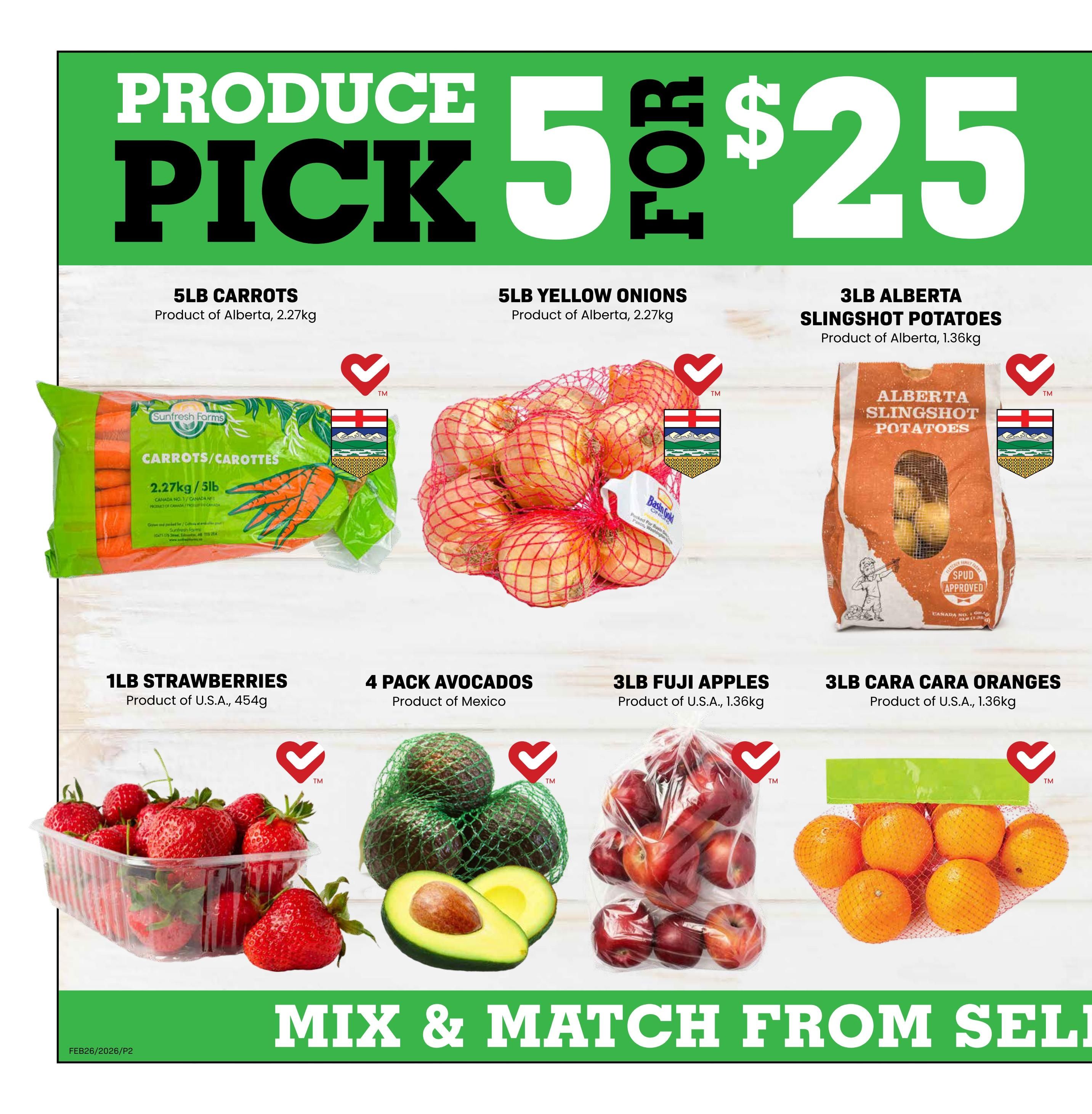 Freson Bros weekly flyer specials page 2 features a produce pick 5 for $25 promotion. Available items include 5lb carrots from Alberta for $5, 5lb yellow onions from Alberta for $5, and 3lb Alberta Slingshot potatoes for $5. Also featured are 1lb strawberries from the U.S.A. for $5, a 4-pack of avocados from Mexico for $5, 3lb Fuji apples from the U.S.A. for $5, and 3lb Cara Cara oranges from the U.S.A. for $5. Customers can mix and match from these selected produce items.