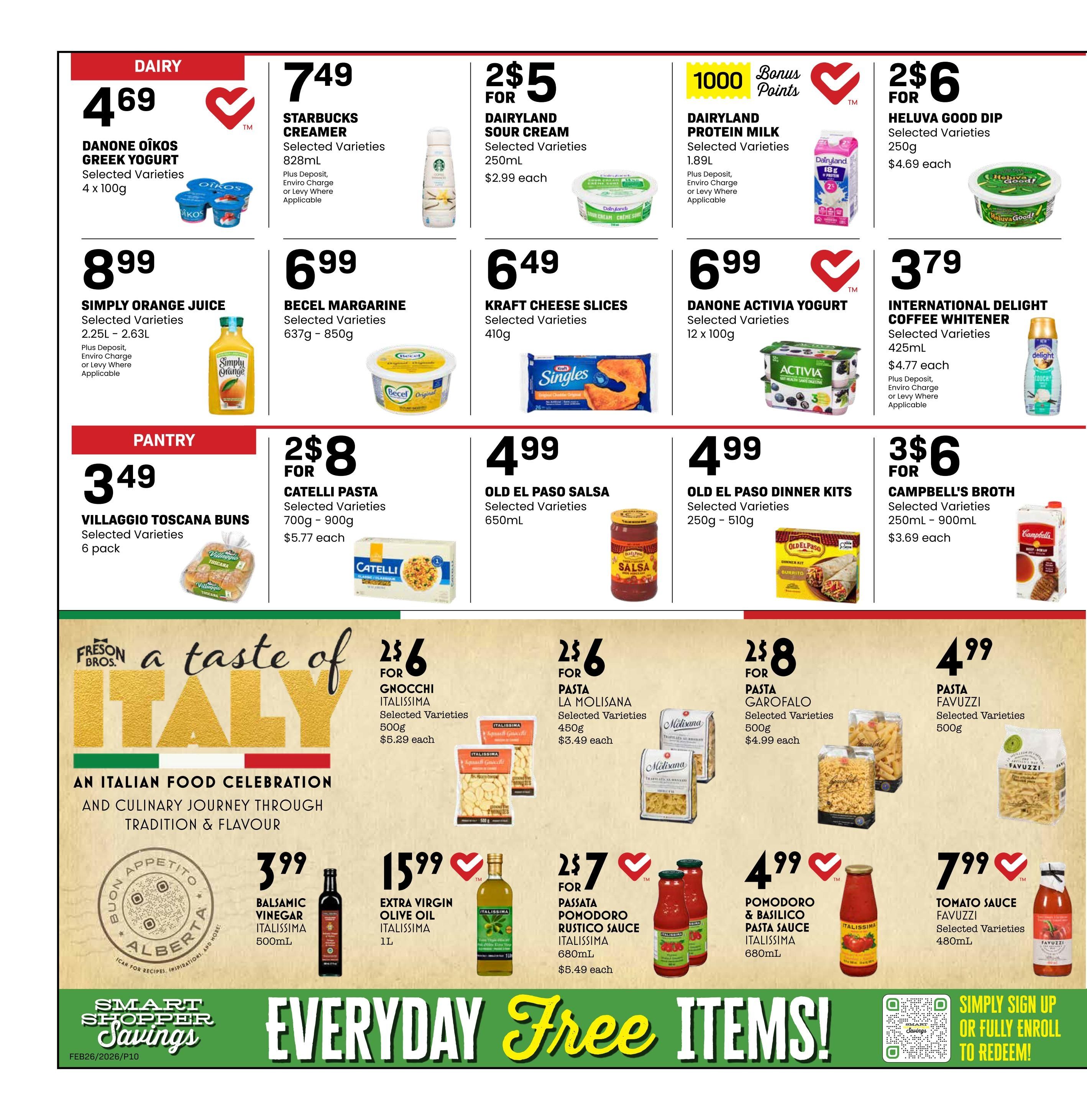 Freson Bros weekly flyer specials page 10 features dairy and pantry items. Dairy deals include Danone Oikos Greek Yogurt at $4.69 for 4 x 100g, Starbucks Creamer at $7.49 for 828mL, Dairyland Sour Cream 2 for $5 for 250mL, Dairyland Protein Milk 1000 Bonus Points for 1.89L, and Heluva Good Dip 2 for $6 for 250g. Pantry specials include Simply Orange Juice 2.25L - 2.63L for $8.99, Becel Margarine 637g - 850g for $6.49, Kraft Cheese Slices 410g for $6.49, Danone Activia Yogurt 12 x 100g for $6.99, and International Delight Coffee Whitener 425mL for $3.79. Also featured are Villaggio Toscana Buns 6 pack for $3.49, Catelli Pasta 2 for $8 for 700g - 900g, Old El Paso Salsa 650mL for $4.99, Old El Paso Dinner Kits 250g - 510g for $4.99, and Campbell's Broth 2 for $6 for 250mL - 900mL. The flyer also highlights an Italian Food Celebration with Gnocchi Italissima 500g 2 for $6, La Molisana Pasta 450g 2 for $6, Garofalo Pasta 500g 2 for $8, Favuzzi Pasta 500g for $4.99, Italissima Balsamic Vinegar 500mL for $3.99, Italissima Extra Virgin Olive Oil 1L for $15.99, Italissima Passata Pomodoro Rustico Sauce 680mL 2 for $7, and Favuzzi Tomato Sauce 480mL for $7.99. The bottom of the page promotes 'Smart Shopper Savings' and 'Everyday Free Items!' with a QR code for sign-up.