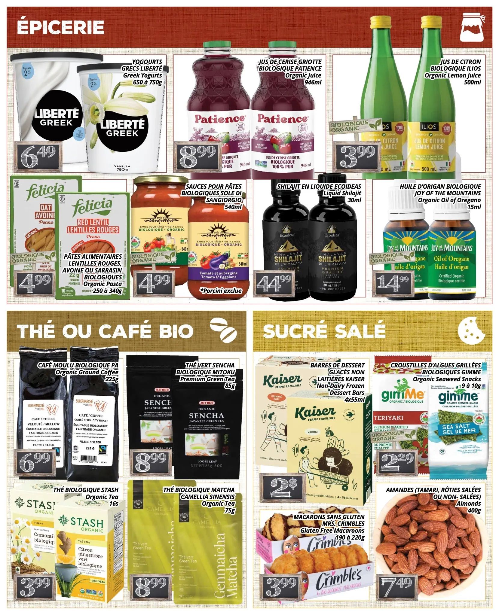 PA Nature flyer specials page 2 features a variety of grocery items. Top row includes Liberté Greek yogurts in 650g to 750g sizes for $6.49, Patience organic cherry juice 946ml for $8.99, and Ilios organic lemon juice 500ml for $3.99. Middle row showcases Felicia organic pasta (penne, red lentil, whole oat, or buckwheat) for $4.99, Sole di Sangiorgio organic pasta sauces (tomato & eggplant) 540ml for $4.99, Ecoideas liquid shilajit 30ml for $4.99, and Joy of the Mountains organic oil of oregano 15ml for $14.99. The bottom section highlights organic beverages and snacks. PA Organic ground coffee 225g is $6.99. Mitoku Sencha organic premium green tea 85g is $8.99. Stash organic chamomile ginger tea 16s is $3.99. Camellia Sinensis organic Genmaicha matcha green tea 75g is $8.99. Kaiser non-dairy frozen dessert bars (vanilla) 4x55ml are $2. Gimme organic seaweed snacks (teriyaki, sea salt) 9g to 10g are $2.29. Mrs. Crimbles gluten-free macarons 190g to 220g are $3.99. Finally, a large bag of almonds (Tamari, salted, or non-salted) 400g is $7.49.