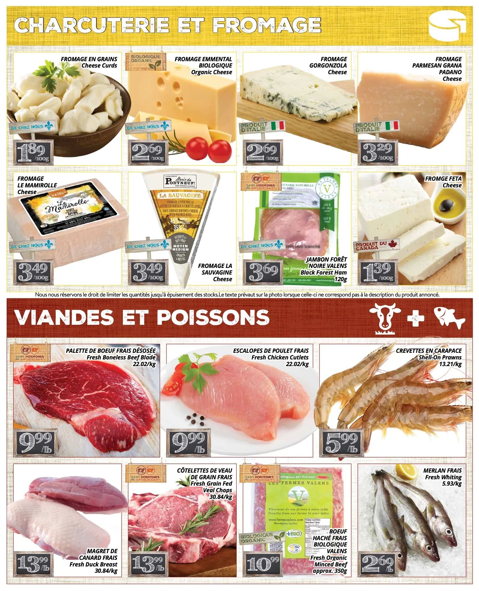 PA Nature flyer specials page 3 features a selection of charcuterie and cheese, along with meats and fish. Cheeses include Fromage en Grains (Cheese Curds) for $1.89/100g, Fromage Emmental Biologique (Organic Cheese) for $2.69/100g, Fromage Gorgonzola (Cheese) for $2.69/100g, Fromage Parmesan Grana Padano (Cheese) for $3.29/100g, Le Mamirolle Cheese for $3.49/100g, La Sauvagine Cheese for $3.49/100g, and Fromage Feta (Cheese) for $1.39/100g. Also featured is Jambon Forêt Noire Valens (Black Forest Ham) for $3.69/100g. The meats and fish section includes Fresh Boneless Beef Blade for $9.99/lb, Fresh Chicken Cutlets for $9.99/lb, Shell-On Prawns for $5.99/lb, Fresh Duck Breast for $13.99/lb, Fresh Grain Fed Veal Chops for $13.99/lb, and Fresh Organic Minced Beef (approx. 350g) for $10.99. Merlan Frais (Fresh Whiting) is priced at $2.69/lb.