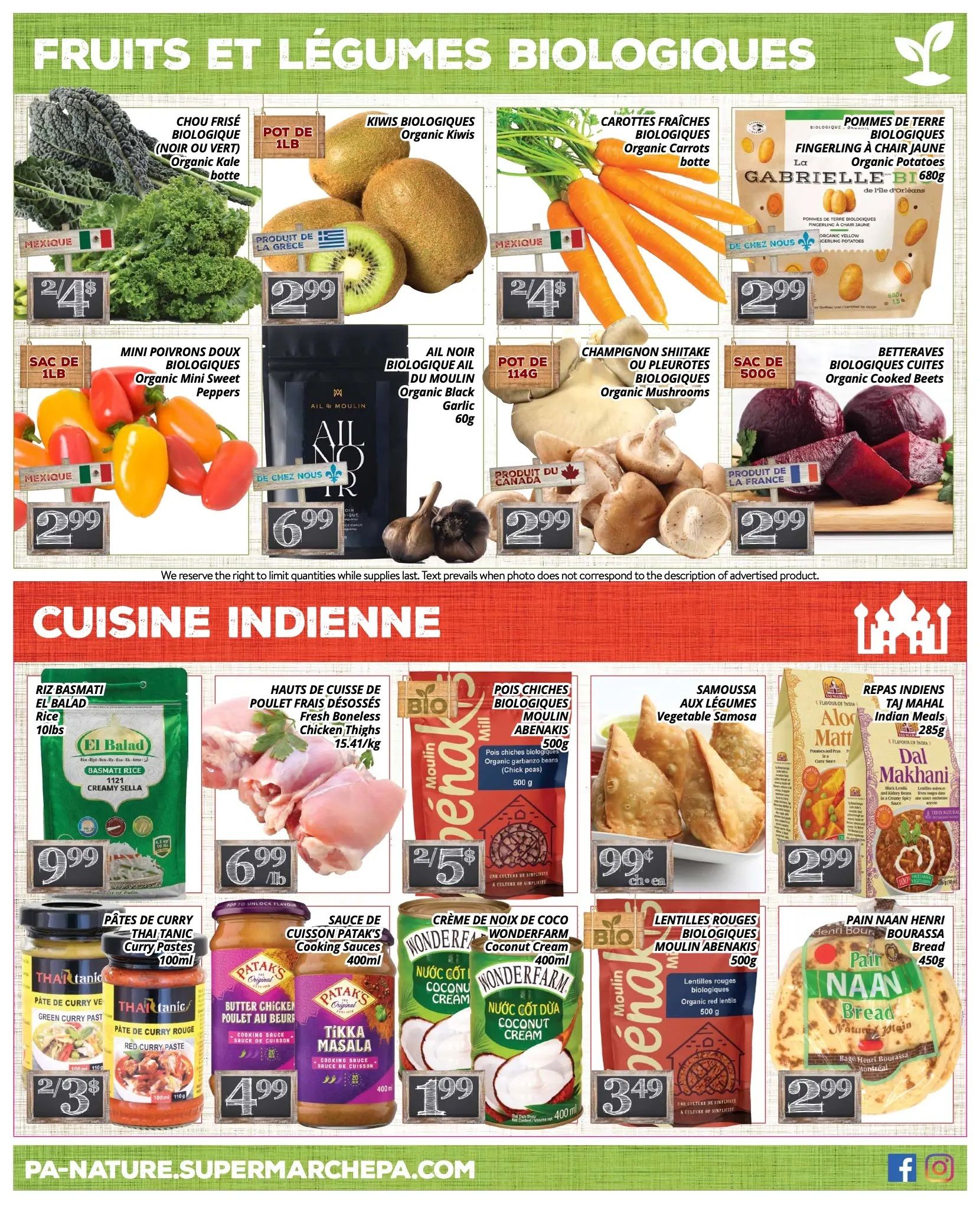 PA Nature flyer specials page 4 features organic fruits and vegetables including Organic Kale for $2/4, Organic Kiwis for $2.99, Organic Carrots for $2/4, Organic Fingerling Potatoes for $2.99, Organic Mini Sweet Peppers for $2.99, Organic Black Garlic for $6.99, Organic Mushrooms for $2.99, and Organic Cooked Beets for $2.99. The page also highlights Indian cuisine with El Balad Basmati Rice for $9.99, Fresh Boneless Chicken Thighs for $6.99/lb, Moulin Abenakis Organic Garbanzo Beans for $2/5, Vegetable Samosas for $0.99 each, Taj Mahal Dal Makhani for $2.99, Thai Tanic Curry Pastes for $2/3, Patak's Cooking Sauces including Butter Chicken and Tikka Masala for $4.99, Wonderfarm Coconut Cream for $1.99, and Moulin Abenakis Organic Red Lentils for $3.49. Finally, Henri Bourassa Pain Naan Bread is available for $2.99.