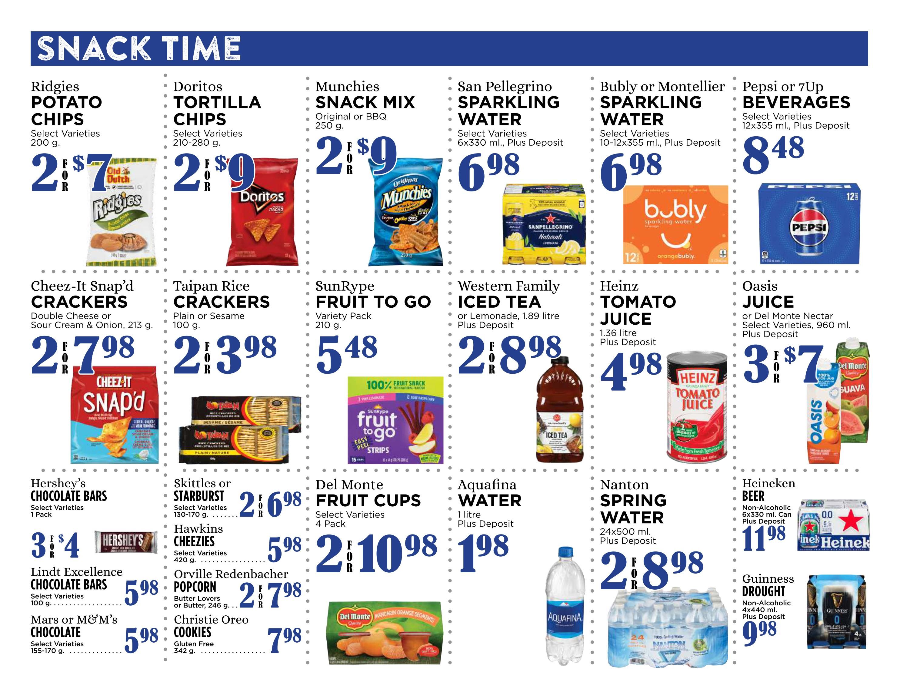 Pemberton Valley Supermarket weekly flyer specials page 7 features a 'Snack Time' theme. Offers include Ridgies Potato Chips, 2 for $7; Doritos Tortilla Chips, 2 for $9; Munchies Snack Mix, 2 for $9; San Pellegrino Sparkling Water, 6x330 ml, for $6.98; Bubly or Montellier Sparkling Water, 10-12x355 ml, for $6.98; and Pepsi or 7Up Beverages, 12x355 ml, for $8.48. Also featured are Cheez-It Snap'd Crackers, 2 for $7.98; Taipan Rice Crackers, 2 for $3.98; SunRype Fruit to Go, 210 g, for $5.48; Western Family Iced Tea or Lemonade, 1.89 litre, 2 for $8.98; Heinz Tomato Juice, 1.36 litre, for $4.98; and Oasis Juice or Del Monte Nectar, 960 ml, 3 for $7. Additional snack deals include Hershey's Chocolate Bars, 1 pack, 3 for $4; Skittles or Starburst, 130-170 g, for $2.698; Hawkins Cheezies, 420 g, for $5.98; Orville Redenbacher Popcorn, 246 g, 2 for $7.98; Christie Oreo Cookies, gluten-free, 342 g, for $7.98; Lindt Excellence Chocolate Bars, 100 g, for $5.98; and Mars or M&M's Chocolate, 155-170 g, for $5.98. Beverage specials include Aquafina Water, 1 litre, for $1.98; Nanton Spring Water, 24x500 ml, 2 for $8.98; Heineken Beer, non-alcoholic, 6x330 ml, for $11.98; and Guinness Draught, non-alcoholic, 4x440 ml, for $9.98.