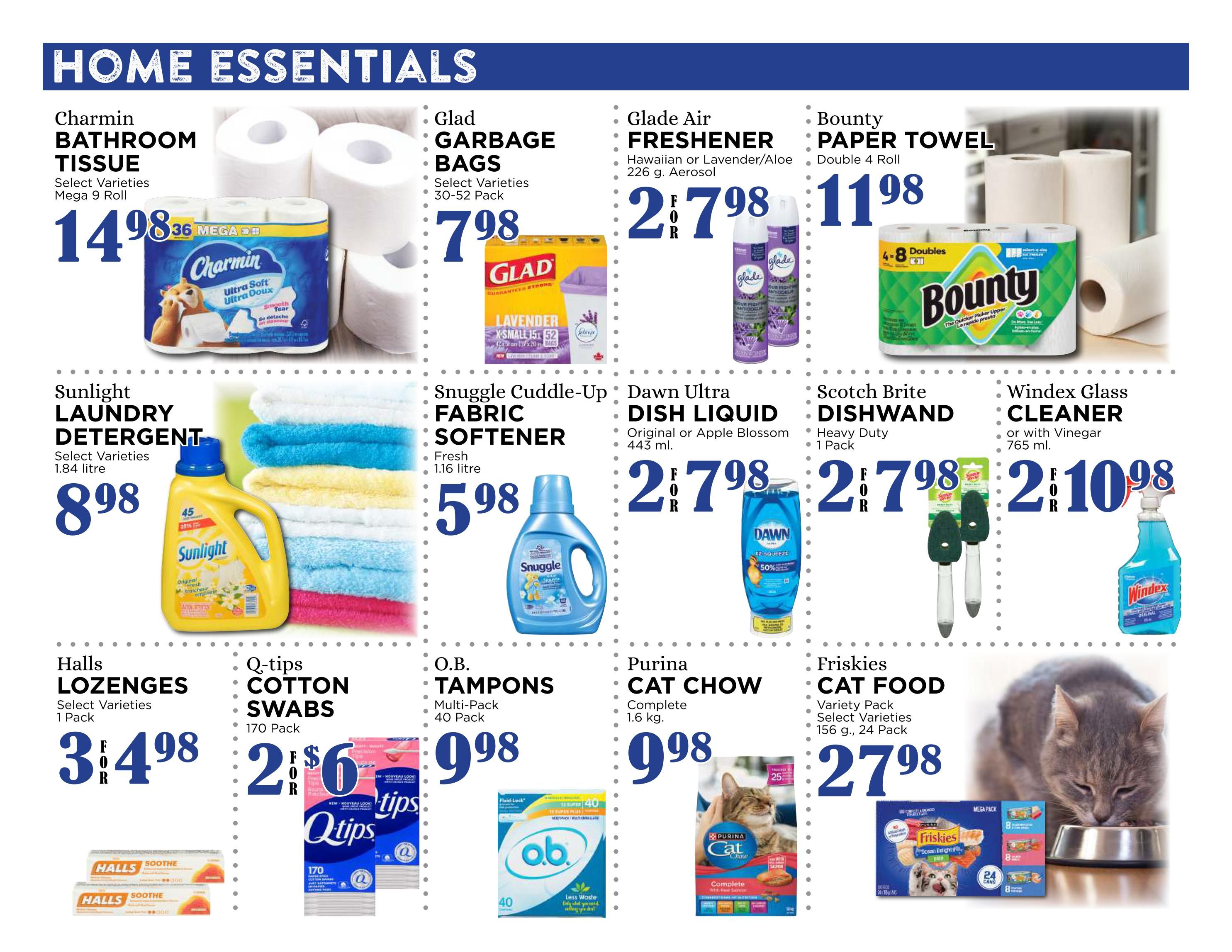 Pemberton Valley Supermarket flyer page 9 features Home Essentials. Deals include Charmin Bathroom Tissue Mega 9 Roll for $14.98, Glad Garbage Bags (30-52 Pack) for $7.98, Glade Air Freshener (Hawaiian or Lavender/Aloe, 226 g Aerosol) for $2.79, and Bounty Paper Towel Double 4 Roll for $11.98. Also featured are Sunlight Laundry Detergent (Select Varieties, 1.84 litre) for $8.98, Snuggle Cuddle-Up Fabric Softener (Fresh, 1.16 litre) for $5.98, Dawn Ultra Dish Liquid (Original or Apple Blossom, 443 ml) for $2.79, and Scotch Brite Dishwand (Heavy Duty, 1 Pack) for $2.79. Additional offers include Windex Glass Cleaner (or with Vinegar, 765 ml) for $2.98, Halls Lozenges (Select Varieties, 1 Pack) for $3.49, Q-tips Cotton Swabs (170 Pack) for $2.68, O.B. Tampons (Multi-Pack, 40 Pack) for $9.98, Purina Cat Chow Complete (1.6 kg) for $9.98, and Friskies Cat Food Variety Pack (Select Varieties, 156 g, 24 Pack) for $27.98.