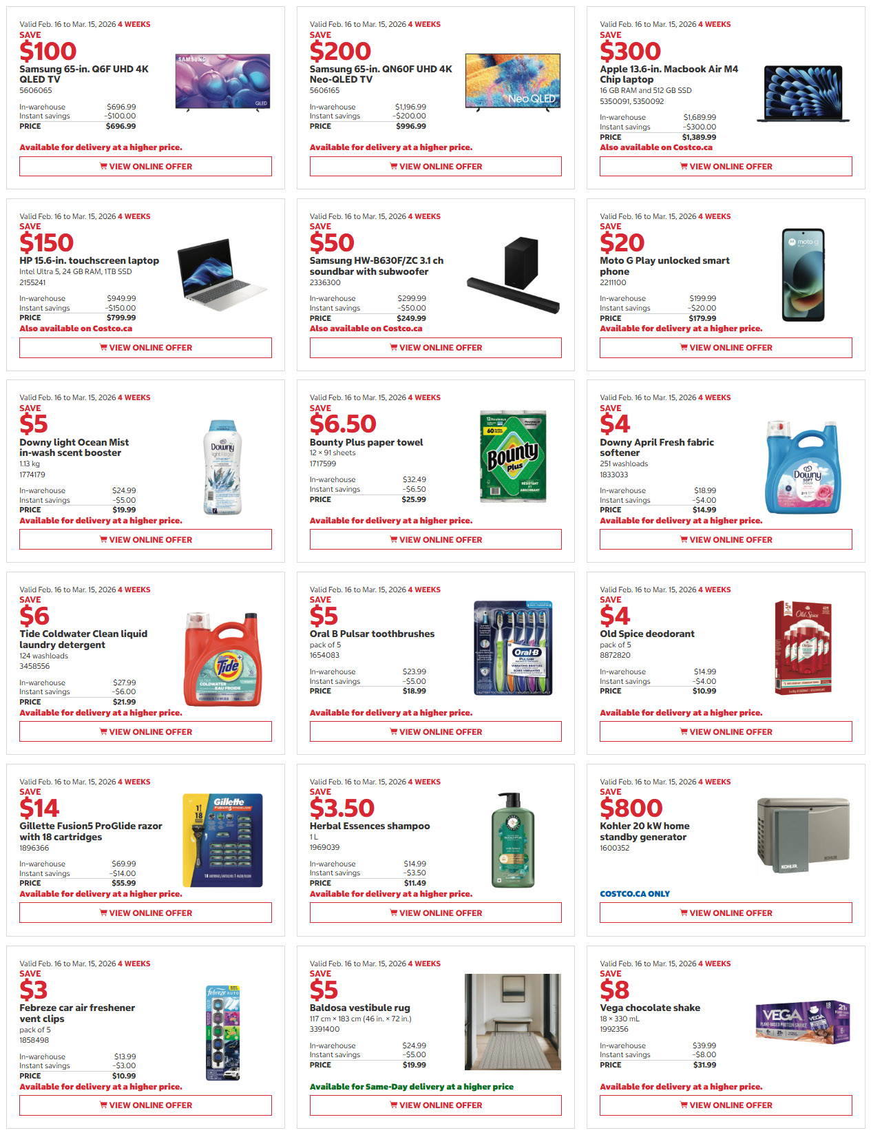 Costco flyer page 3 features savings from February 16 to March 15, 2026. Featured electronics include a Samsung 65-inch Q6F UHD 4K QLED TV on sale for $996.99 (save $100), a Samsung 65-inch QNQOF UHD 4K Neo-QLED TV for $996.99 (save $200), an HP 15.6-inch touchscreen laptop for $799.99 (save $150), a Samsung HW-B630F/ZC 3.1 ch soundbar with subwoofer for $249.99 (save $50), an Apple 13.6-inch MacBook Air M4 Chip laptop for $1,389.99 (save $300), and a Moto G Play unlocked smart phone for $179.99 (save $20). Household essentials on sale are Downy tight Ocean Mist in-wash scent booster for $19.99 (save $5), Bounty Plus paper towel for $25.99 (save $6.50), and Downy April Fresh fabric softener for $14.99 (save $4). Personal care items include Tide Coldwater Clean liquid laundry detergent for $21.99 (save $6), Oral B Pulsar toothbrushes (pack of 5) for $18.99 (save $5), Old Spice deodorant for $10.99 (save $4), Gillette Fusion5 ProGlide razor with 18 cartridges for $55.99 (save $14), Herbal Essences shampoo for $11.49 (save $3.50), Febreze car air freshener vent clips (pack of 5) for $10.99 (save $3), and a Baldosa vestibule rug for $19.99 (save $5). Also available is a Kohler 20 kW home standby generator for $800 (save $3.50) and Vega chocolate shake for $31.99 (save $8).
