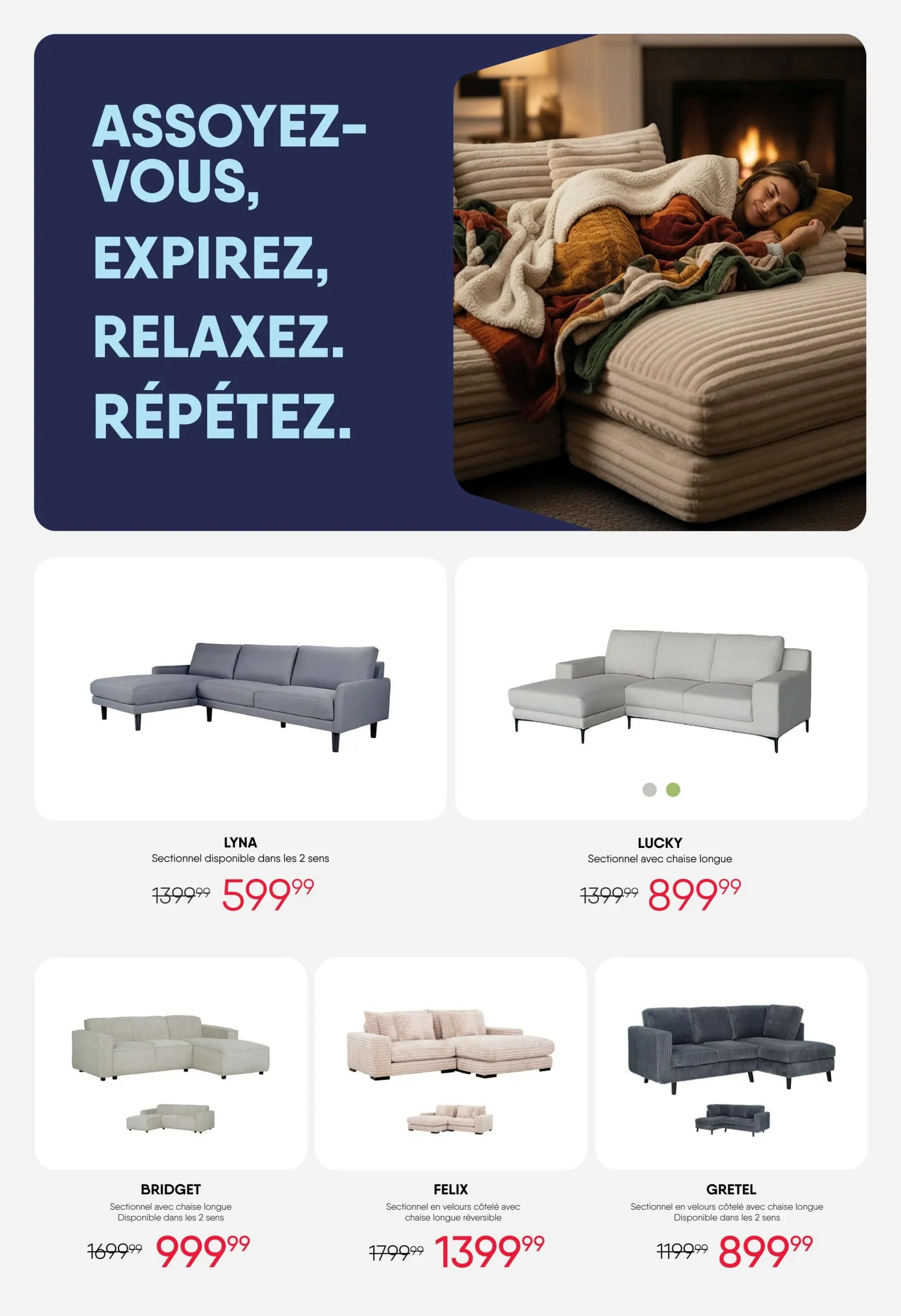 RD Furniture Weekly Flyer Specials Page 2. Features a large image of a woman relaxing on a couch by a fireplace. Below are several sectional sofas on sale: the LYNA sectional is available in 2 configurations for $599.99 (originally $1399.99). The LUCKY sectional with chaise is $899.99 (originally $1399.99). The BRIDGET sectional with chaise is available in 2 configurations for $999.99 (originally $1699.99). The FELIX corduroy sectional with reversible chaise is $1399.99 (originally $1799.99). The GRETEL corduroy sectional with chaise is available in 2 configurations for $899.99 (originally $1199.99).