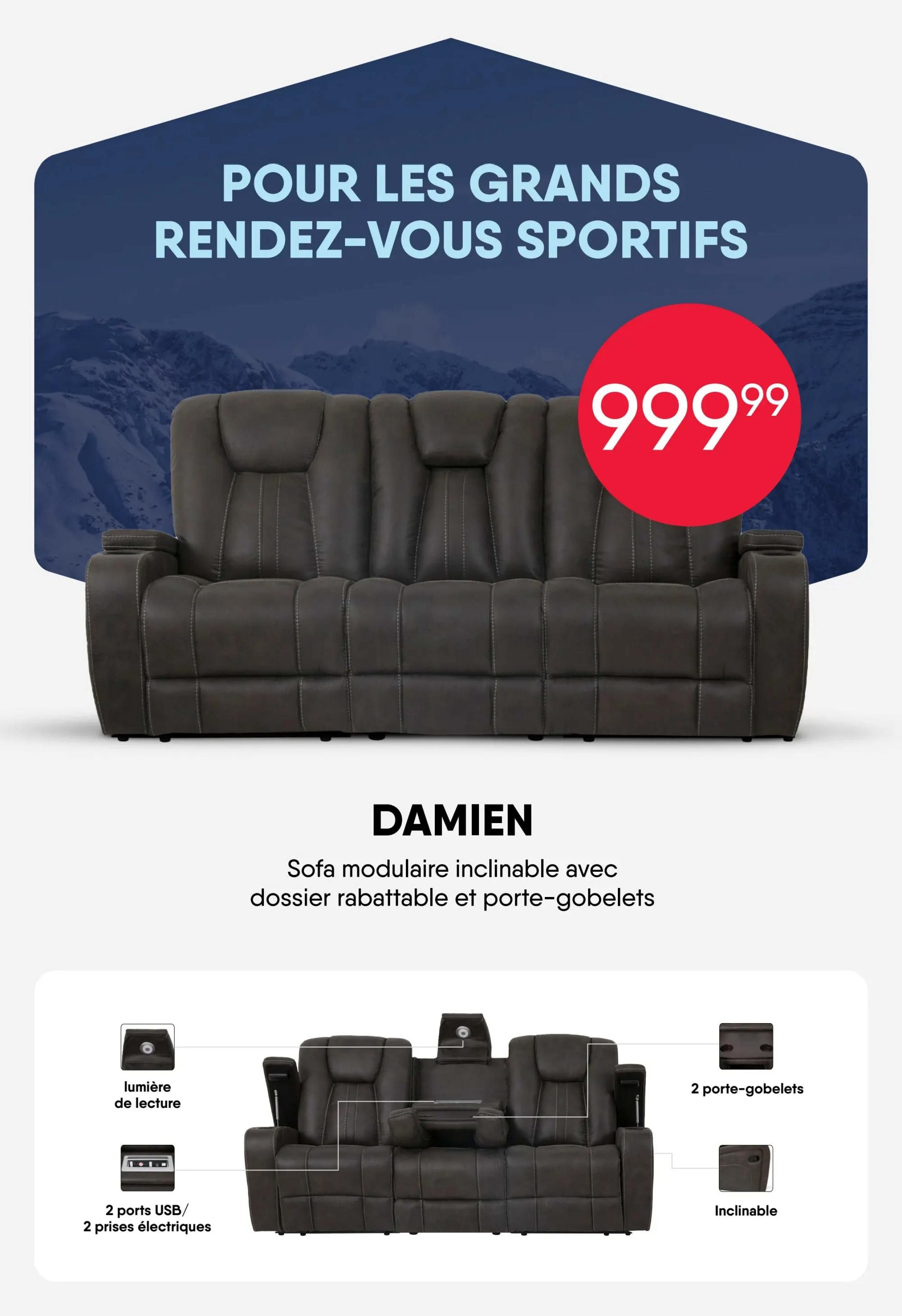 RD Furniture weekly flyer specials, page 4. Features the Damiens modular reclining sofa with a fold-down backrest and cup holders, priced at $999.99. The sofa includes a reading light, 2 USB ports, 2 electrical outlets, and cup holders. It is also reclining. The text 'For great sports gatherings' is displayed at the top.