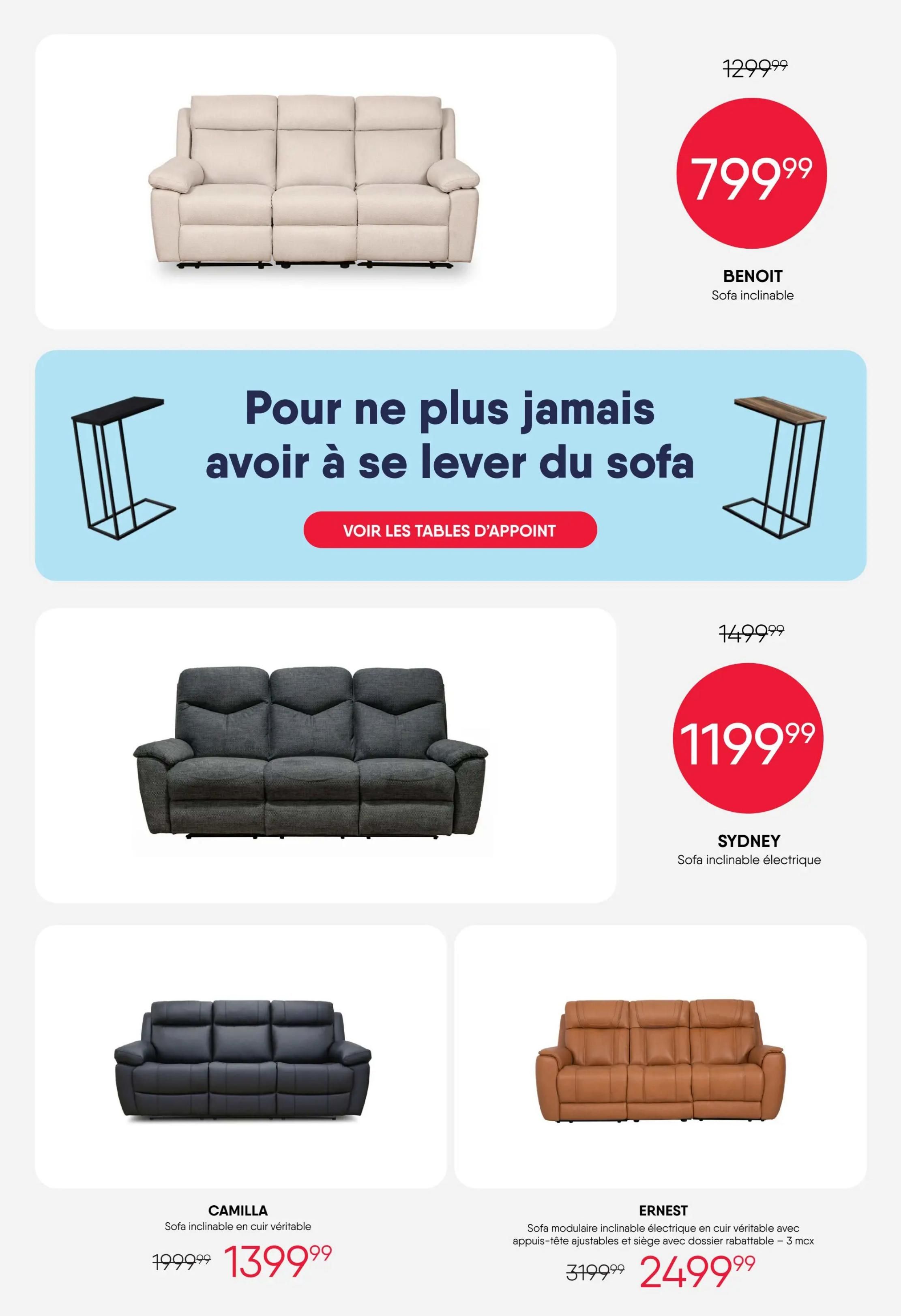 RD Furniture weekly flyer specials page 5 features several reclining sofas and accent tables. The BENOIT sofa inclinable is on sale for $799.99, down from $1299.99. A section highlights accent tables with the text 'To never have to get up from the sofa again' and a button to 'View Accent Tables'. The SYDNEY sofa inclinable électrique is priced at $1199.99. The CAMILLA sofa inclinable en cuir véritable is marked down to $1399.99 from $1999.99. The ERNEST modular sofa inclinable électrique en cuir véritable avec appuis-tête ajustables et siège avec dossier rabattable - 3 sections is available for $2499.99, reduced from $3199.99.
