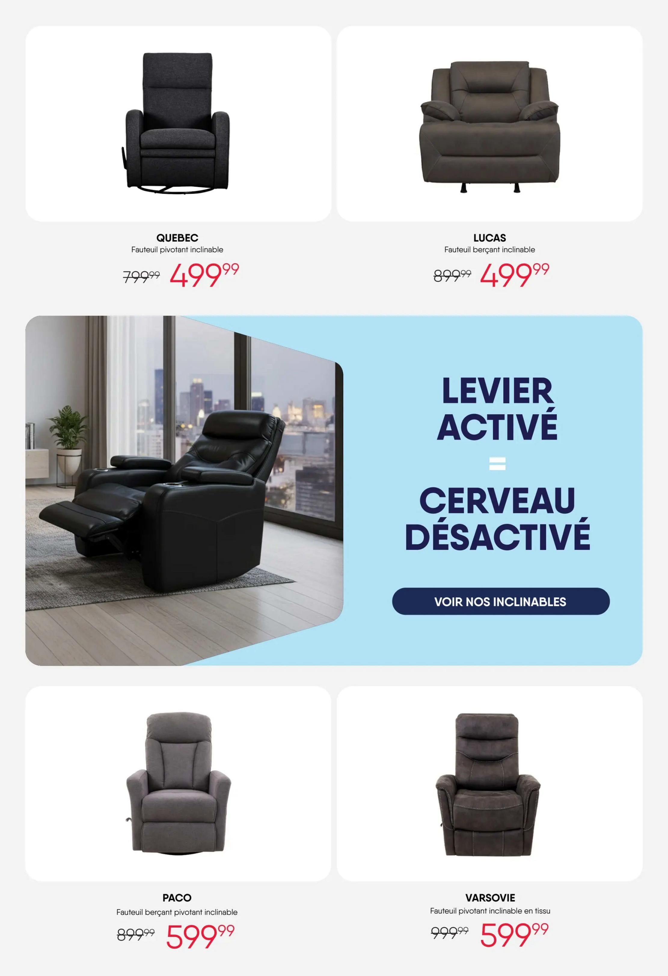 RD Furniture weekly flyer specials page 6 features several recliners. The Quebec recliner is on sale for $499.99, down from $799.99. The Lucas recliner is priced at $499.99, down from $899.99. A large image showcases a black leather recliner in a modern living room setting, with text promoting 'Active Lever' and 'Deactivated Brain', encouraging shoppers to 'See Our Recliners'. Below, the Paco recliner is available for $599.99, reduced from $899.99. The Varsovie fabric recliner is also on sale for $599.99, down from $999.99.