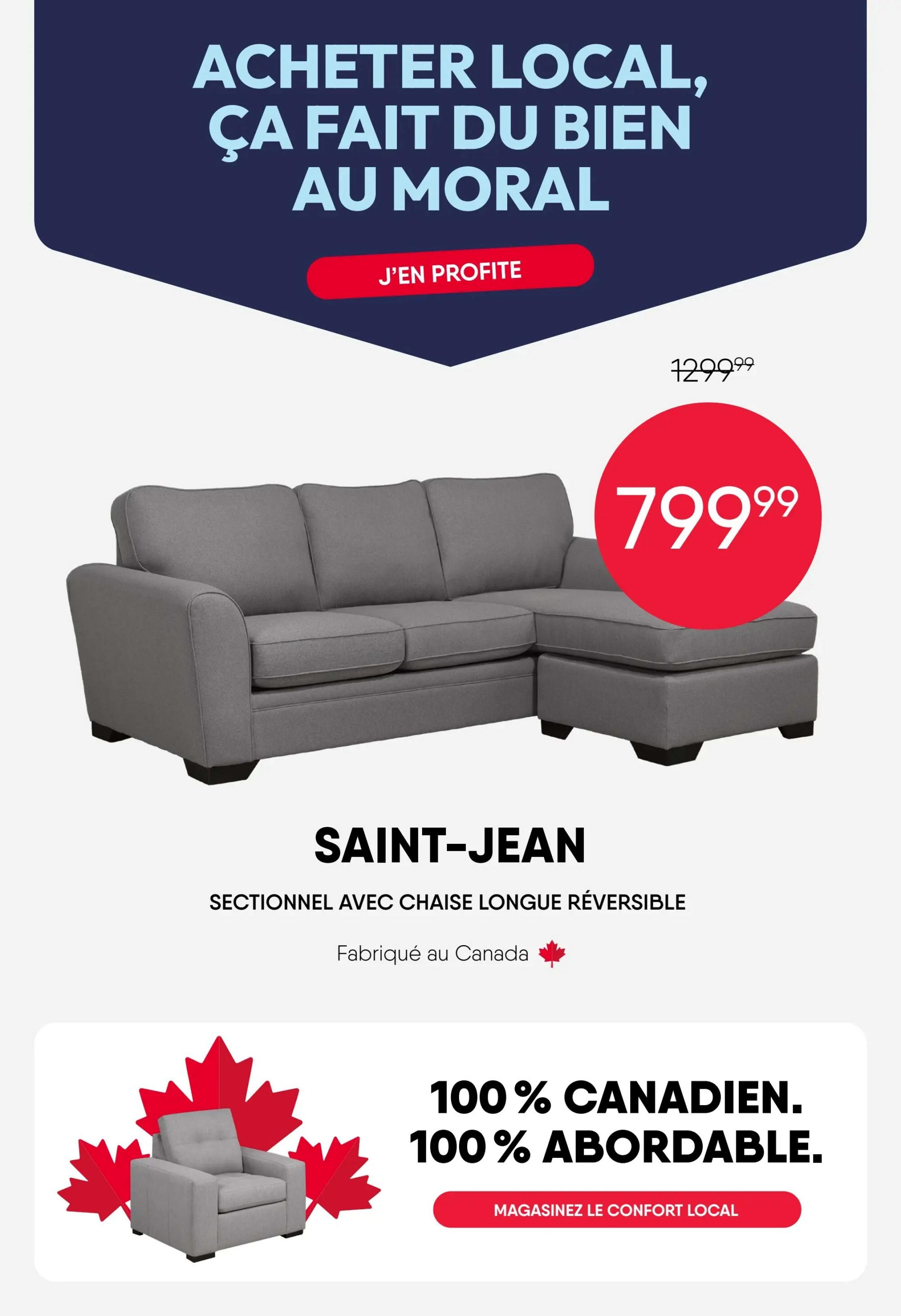 RD Furniture weekly flyer specials, page 7. Features the Saint-Jean sectional with reversible chaise, made in Canada. Originally $1299.99, now on sale for $799.99. Also highlights '100% Canadian. 100% Affordable.' with a call to action to 'Shop Local Comfort.