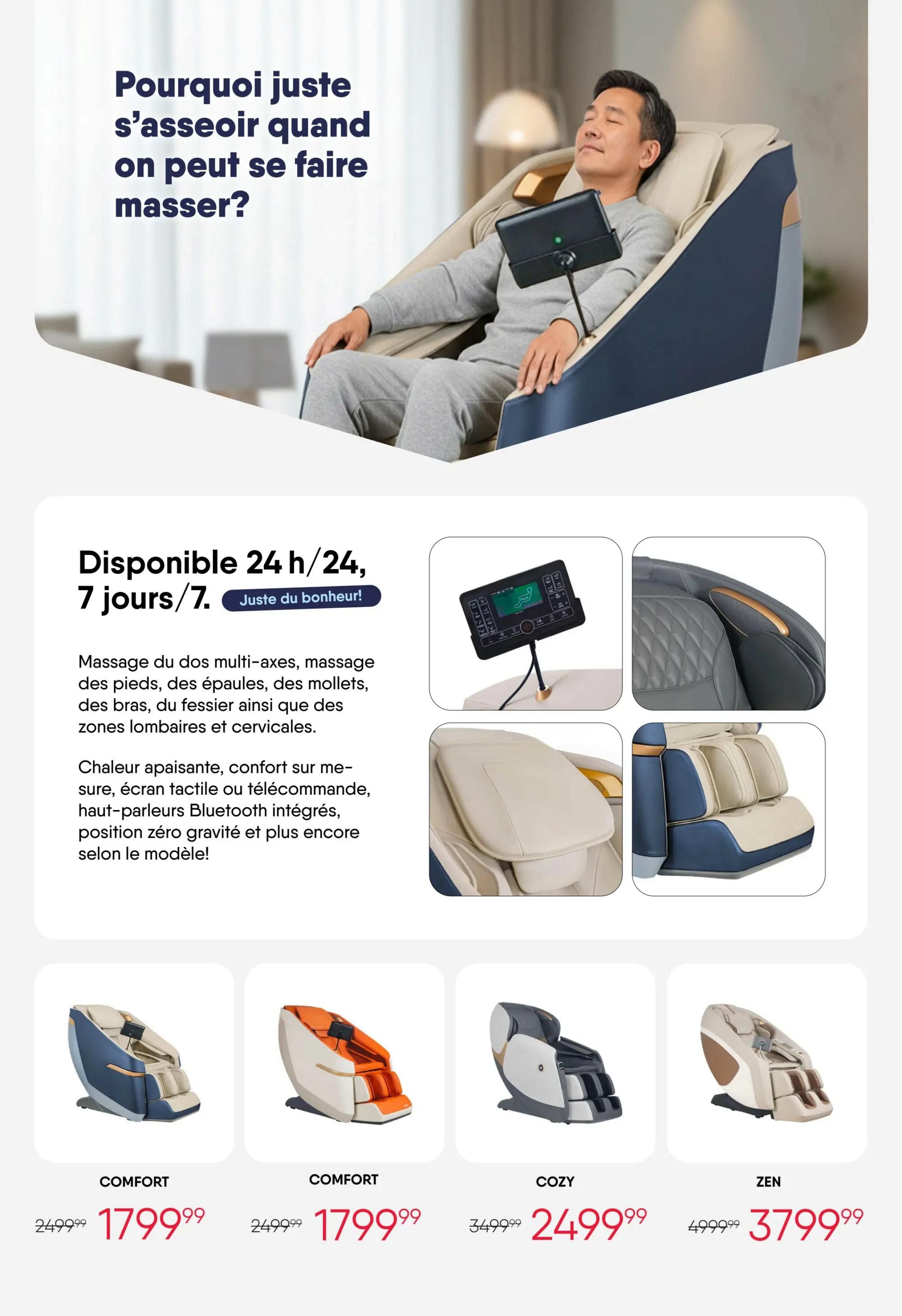 RD Furniture weekly flyer specials, page 8. Features a selection of massage chairs. The main image shows a man relaxing in a massage chair with the text 'Why just sit when you can get a massage?'. The chairs are available 24/7. Descriptions highlight multi-axis back massage, foot, shoulder, arm, and glute massage, as well as lumbar and cervical zone massage. Features include soothing heat, comfort, touch screen or remote control, integrated Bluetooth speakers, and zero gravity position, depending on the model. Featured chairs include: The 'Comfort' massage chair in blue and beige, originally $2499.99, now $1799.99. Another 'Comfort' massage chair in orange and white, originally $2499.99, now $1799.99. The 'Cozy' massage chair in grey and white, originally $3499.99, now $2499.99. The 'Zen' massage chair in beige and brown, originally $4999.99, now $3799.99.