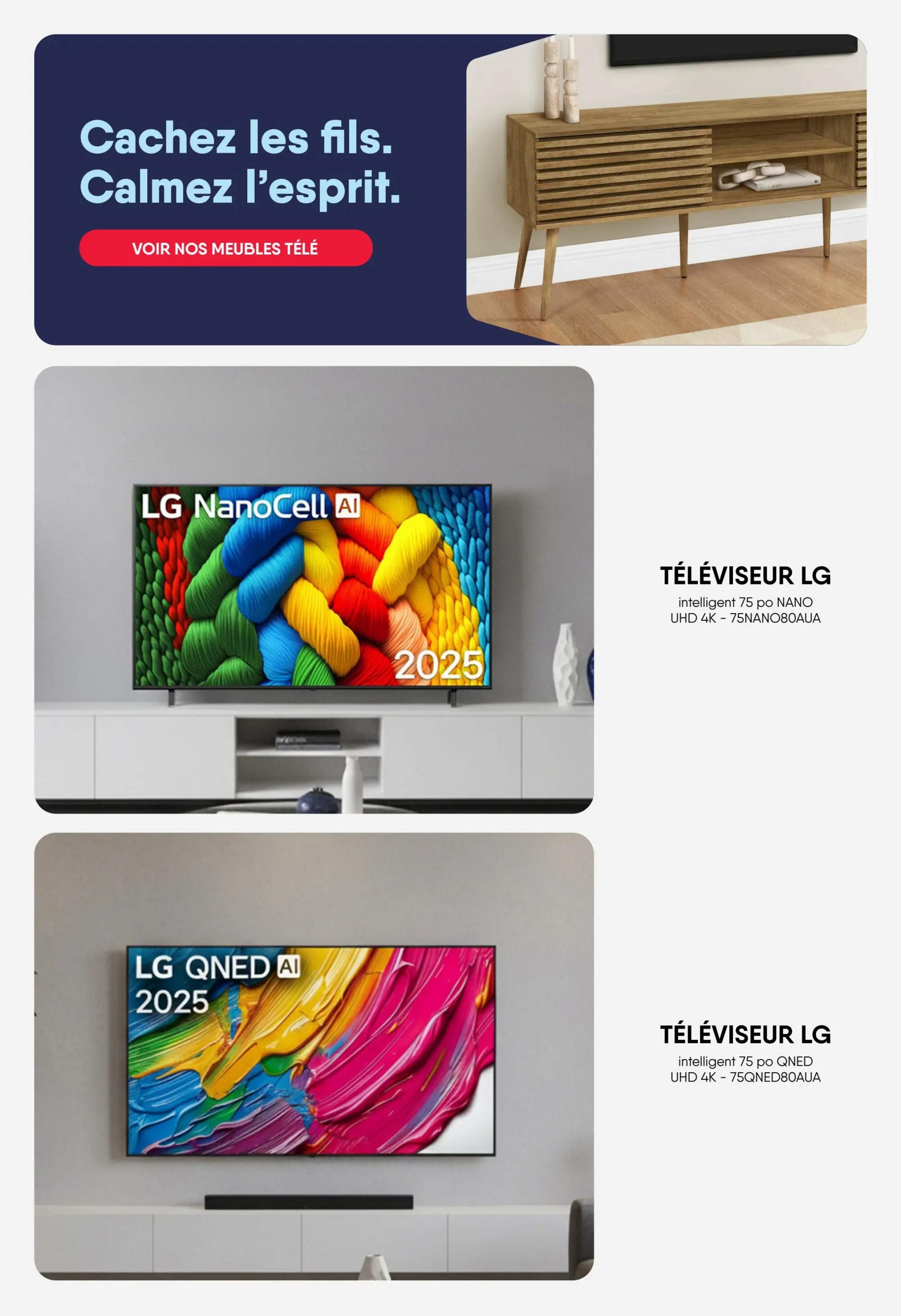 RD Furniture weekly flyer specials page 9 features a modern wooden media console with slatted doors, perfect for hiding wires and decluttering your space. Below, showcase two LG televisions: an LG NanoCell AI 75-inch 4K UHD TV (model 75NANO80AUA) and an LG QNED AI 75-inch UHD 4K TV (model 75QNED80AUA). Both TVs are displayed with vibrant imagery, highlighting their picture quality.