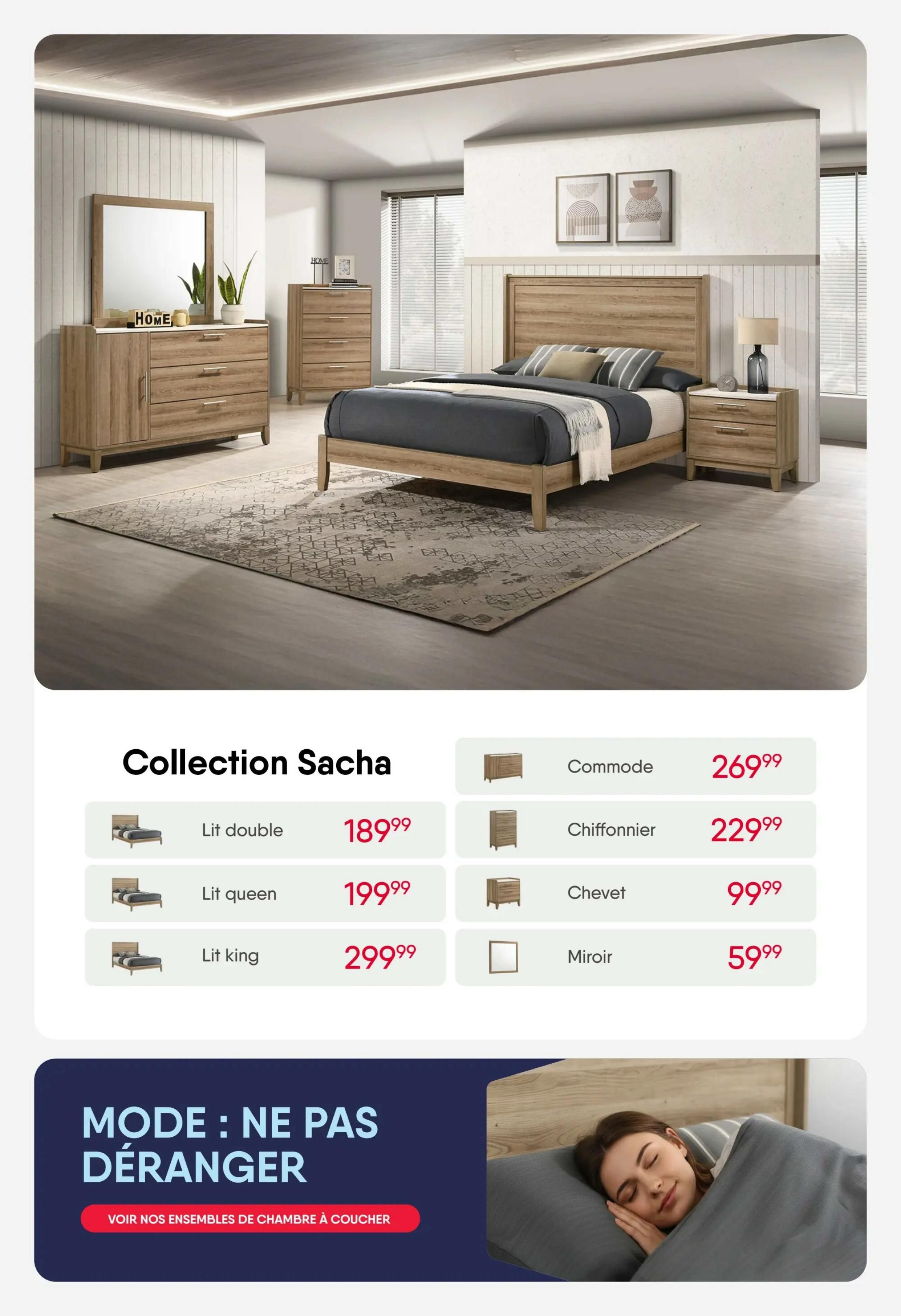RD Furniture weekly flyer specials, page 10. Featuring the Sacha Collection with a double bed for $189.99, a queen bed for $199.99, and a king bed for $299.99. Also available are a commode for $269.99, a chiffonier for $229.99, a nightstand (chevet) for $99.99, and a mirror for $59.99. The page also includes a 'MODE: NE PAS DÉRANGER' (Do Not Disturb Mode) section with a button to 'VOIR NOS ENSEMBLES DE CHAMBRE À COUCHER' (View Our Bedroom Sets) and an image of a woman sleeping peacefully.