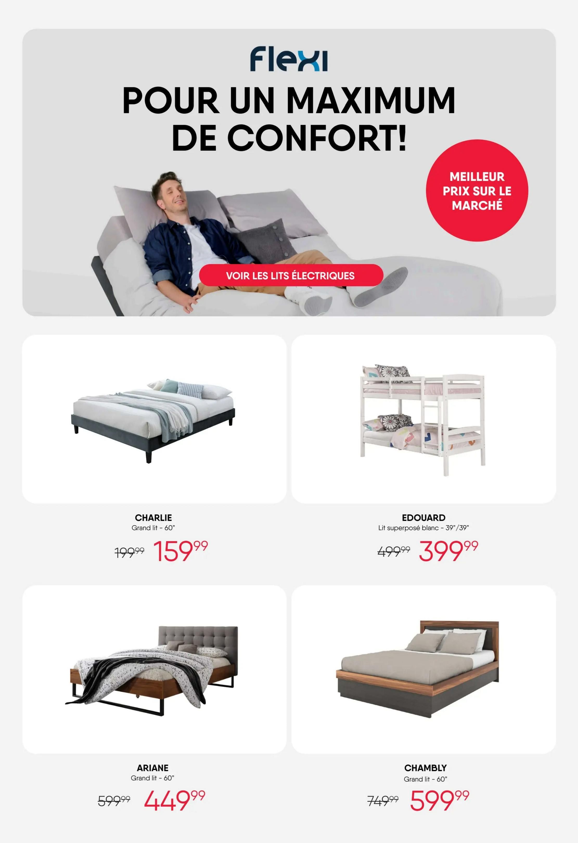 RD Furniture weekly flyer specials page 11 features beds for maximum comfort. The Flexi brand is highlighted with a 'Best Price on the Market' badge. Featured beds include the Charlie Grand Lit (60') originally $199.99 now $159.99, the Edouard white bunk bed (39'/39') for $399.99, the Ariane Grand Lit (60') originally $599.99 now $449.99, and the Chambly Grand Lit (60') for $599.99.