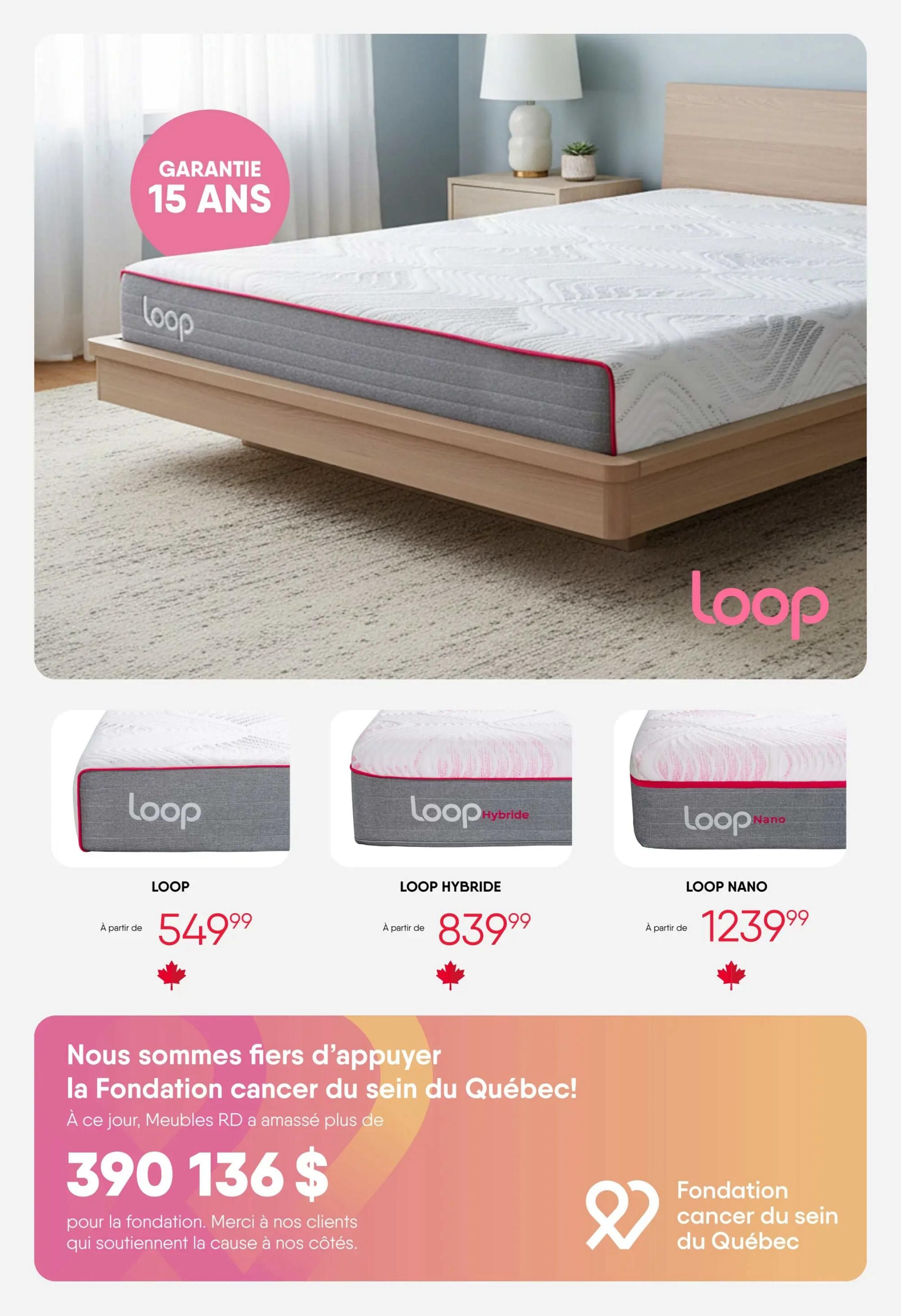 RD Furniture weekly flyer specials page 12 features Loop mattresses with a 15-year warranty. The Loop mattress is available starting at $549.99. The Loop Hybride mattress is available starting at $839.99. The Loop Nano mattress is available starting at $1239.99. The page also highlights RD Furniture's support for the Quebec Breast Cancer Foundation, having raised $390,136 to date, thanking customers for their support.