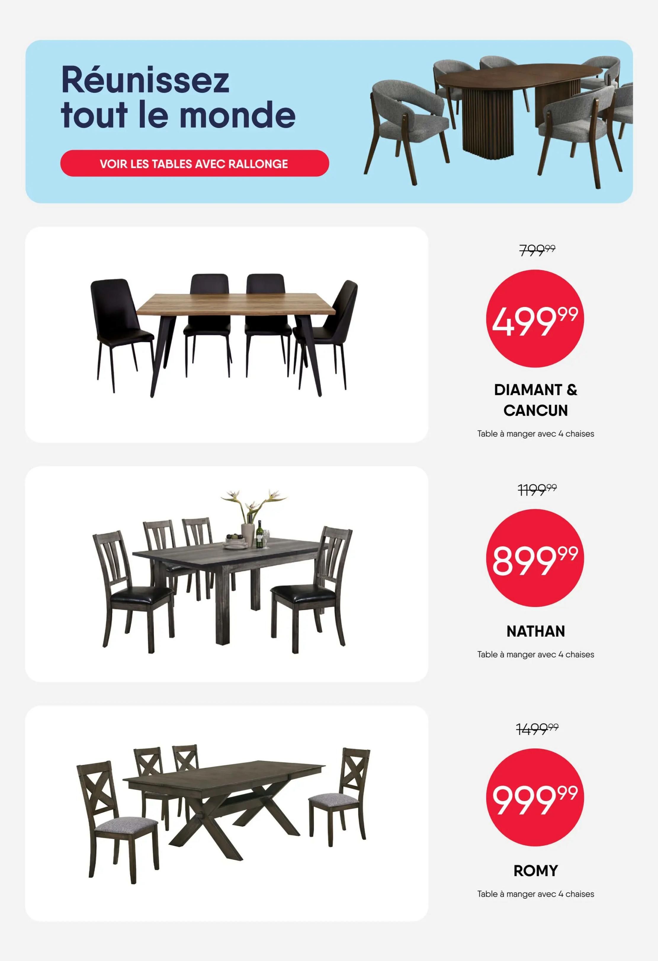 RD Furniture weekly flyer specials page 13 features dining sets. Top banner shows a large oval dining table with upholstered chairs and text 'Gather everyone' and 'See tables with extensions'. Below, three dining sets are featured: The DIAMANT & CANCUN dining set with a table and 4 chairs is on sale for $499.99, down from $799.99. The NATHAN dining set, including a table and 4 chairs, is priced at $899.99, down from $1199.99. The ROMY dining set, also with a table and 4 chairs, is offered at $999.99, down from $1499.99.