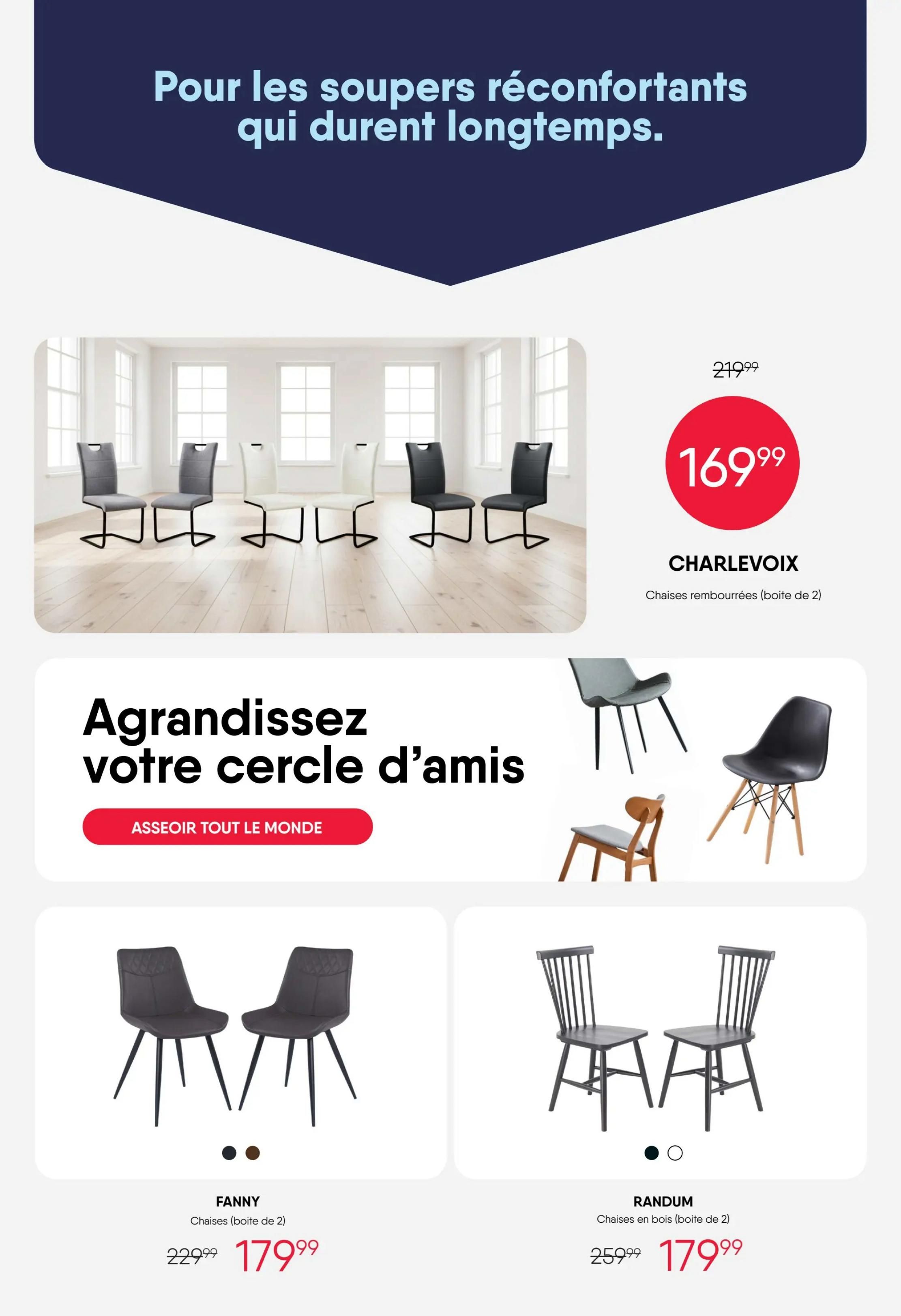 RD Furniture weekly flyer specials page 14 features dining chairs. The CHARLEVOIX upholstered chairs (box of 2) are on sale for $169.99, down from $219.99. The FANNY chairs (box of 2) are priced at $179.99, originally $229.99. The RANDUM wooden chairs (box of 2) are also available for $179.99, marked down from $259.99. The page also includes a section with the heading 'Agrandissez votre cercle d'amis' (Expand your circle of friends) with a button that says 'ASSEOIR TOUT LE MONDE' (Seat everyone).