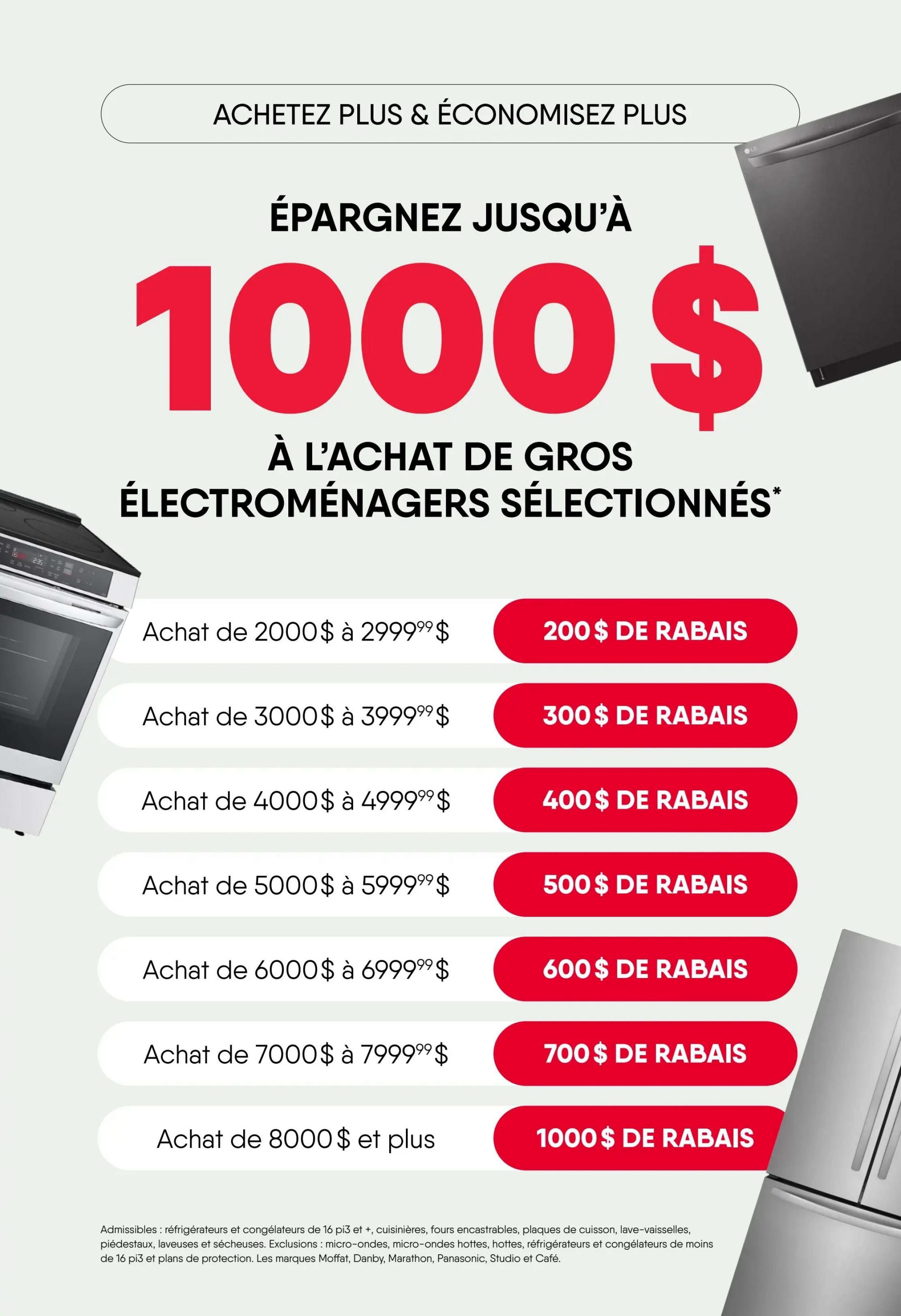 RD Furniture weekly flyer specials page 15: Save up to $1000 on select major appliances. Purchase $2000 to $2999.99 and get $200 off. Purchase $3000 to $3999.99 and get $300 off. Purchase $4000 to $4999.99 and get $400 off. Purchase $5000 to $5999.99 and get $500 off. Purchase $6000 to $6999.99 and get $600 off. Purchase $7000 to $7999.99 and get $700 off. Purchase $8000 and up and get $1000 off. Eligible appliances include refrigerators, freezers, ranges, built-in ovens, cooktops, dishwashers, and pedestals. Exclusions: microwaves, microwave hoods, hoods, and protection plans. Brands excluded: Moffat, Danby, Marathon, Panasonic, Studio, and Café.