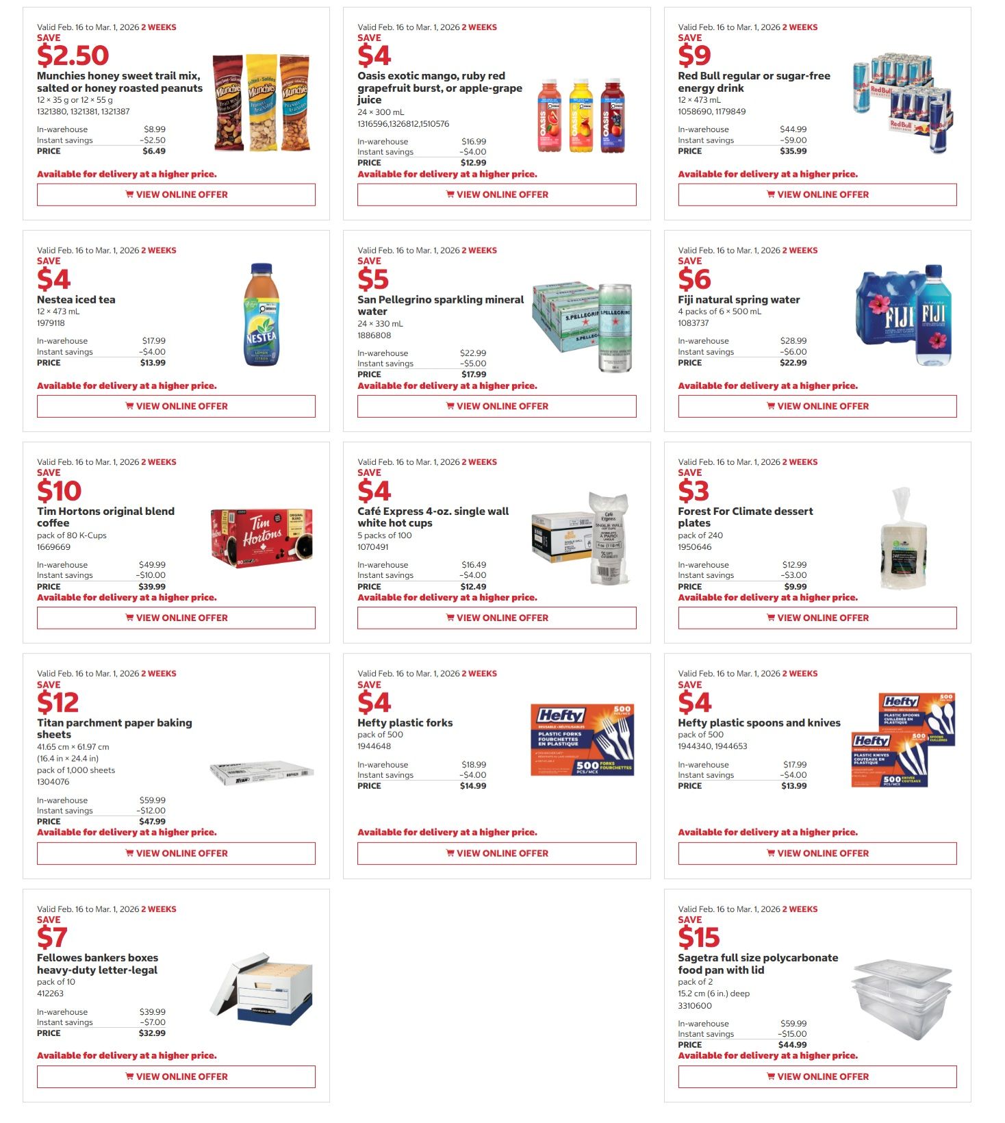 Costco flyer page 2 features savings from February 16 to March 1, 2026. Deals include Munchies honey sweet trail mix, salted or honey roasted peanuts for $2.50 off, Oasis exotic mango, ruby red grapefruit burst, or apple-grape juice for $4 off, and Red Bull regular or sugar-free energy drink for $9 off. Also available are Nestea iced tea for $4 off, San Pellegrino sparkling mineral water for $5 off, and Fiji natural spring water for $6 off. Additional offers include Tim Hortons original blend coffee for $10 off, Café Express 4-oz. single wall white hot cups for $4 off, and Forest For Climate dessert plates for $3 off. Household items on sale are Titan parchment paper baking sheets for $12 off, Hefty plastic forks (pack of 500) for $4 off, Hefty plastic spoons and knives (pack of 500) for $4 off, and Fellowes bankers boxes heavy-duty letter-legal size for $7 off. A Sagetra full-size polycarbonate food pan with lid is available for $15 off.