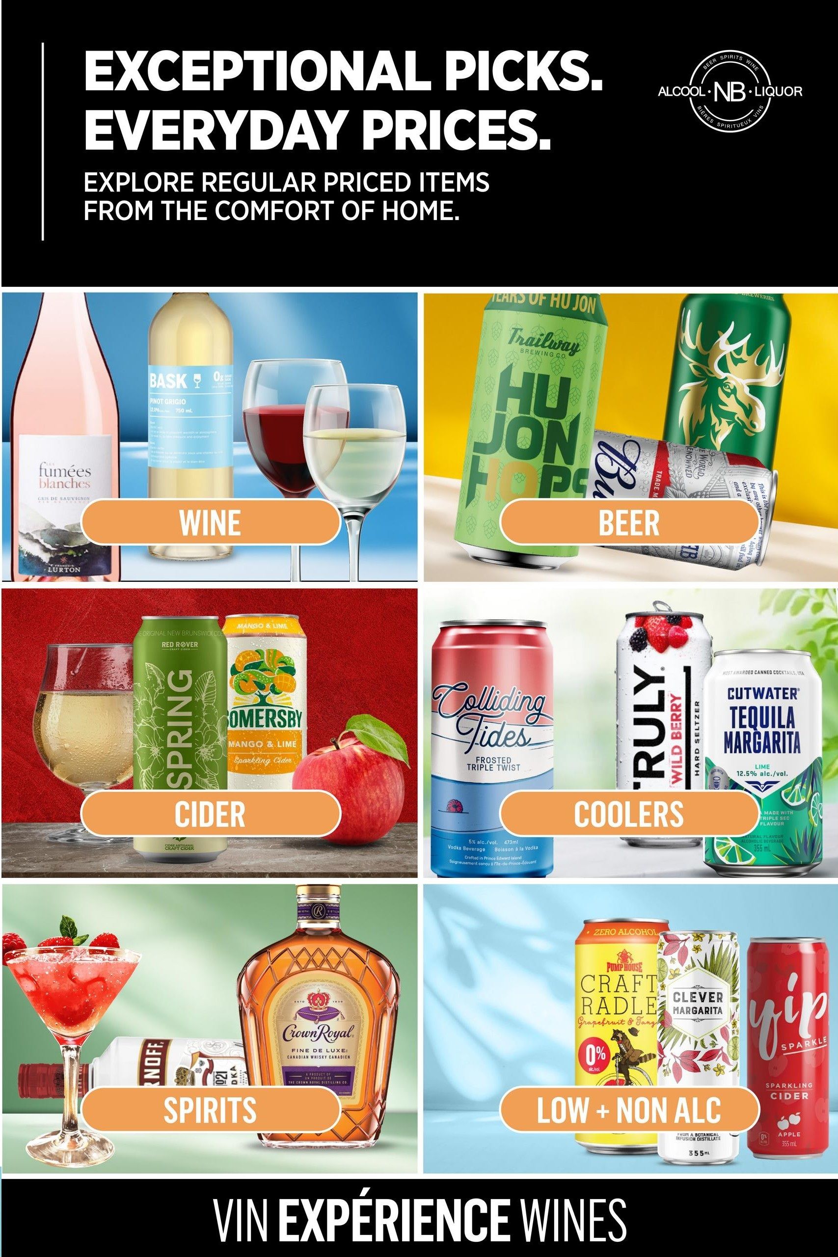 Alcool NB Liquor weekly flyer specials page 4 features 'Exceptional Picks. Everyday Prices.' Explore regular priced items from the comfort of home. Sections include Wine, featuring Fumees Blanches and Bask Pinot Grigio; Beer, with Trailway Hu Jon Hops and Budweiser; Cider, showcasing Red Rover Spring and Somersby Mango & Lime Sparkling Cider; Coolers, including Colliding Tides Frosted Triple Twist, Truly Wild Berry Hard Seltzer, and Cutwater Tequila Margarita; Spirits, with a cocktail, Smirnoff, and Crown Royal Canadian Whisky; and Low + Non Alc beverages like Pump House Craft Radler Grapefruit & Tang, Clever Margarita, and Yip Sparkling Cider Apple. The page also includes the text 'Vin Expérience Wines'.