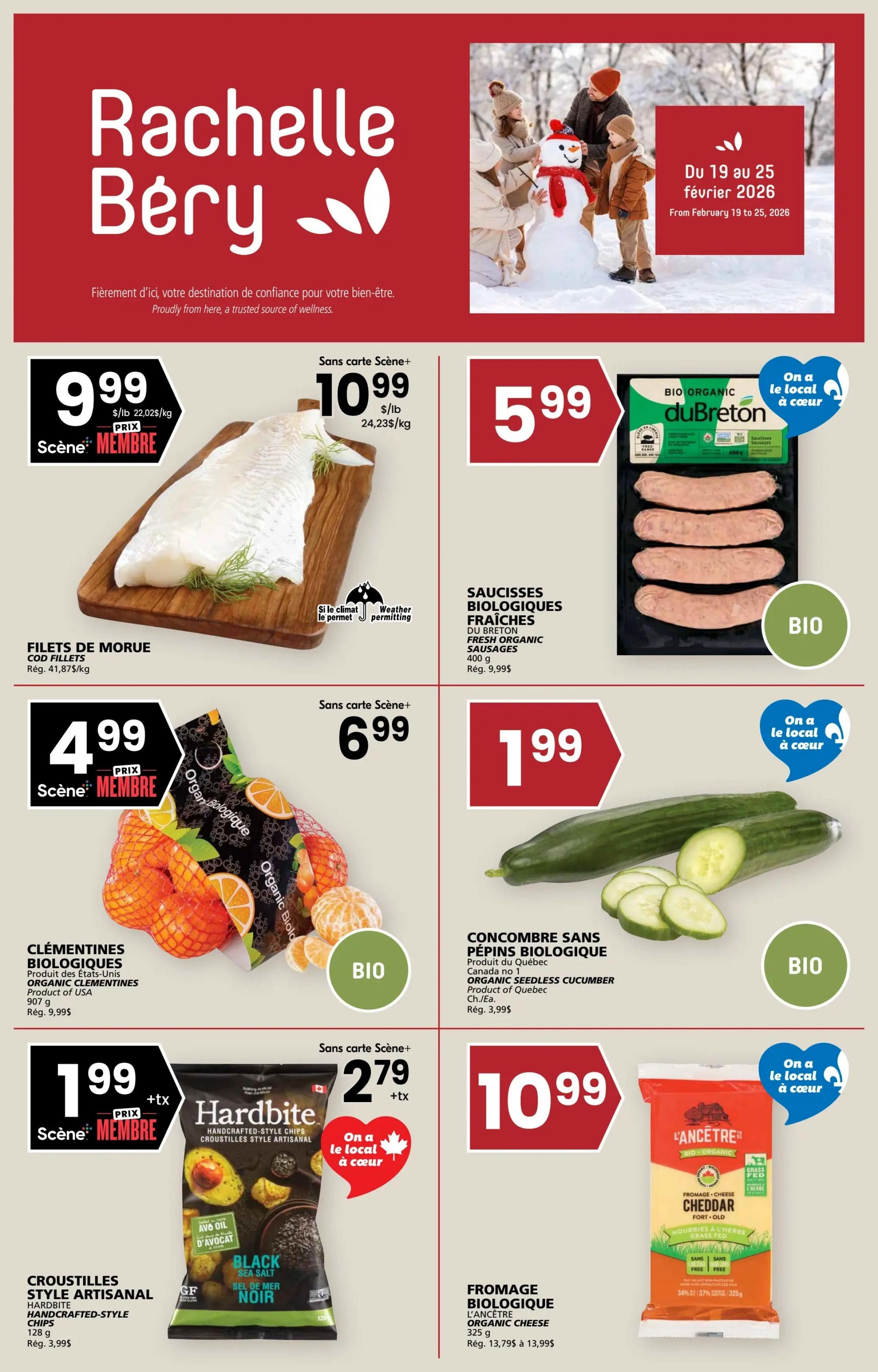 Rachelle Béry flyer, valid from February 19 to 25, 2026. Featured items include Cod Fillets for $9.99/lb (member price) or $10.99/lb (regular price), and Organic Clementines for $4.99 (member price) or $6.99 (regular price). Also available are Fresh Organic du Breton Sausages for $5.99, Organic Seedless Cucumber for $1.99, Hardbite Handcrafted-Style Chips (Black Sea Salt flavour) for $1.99 + tax (member price) or $2.79 + tax (regular price), and L'Ancêtre Organic Cheddar Cheese for $10.99.