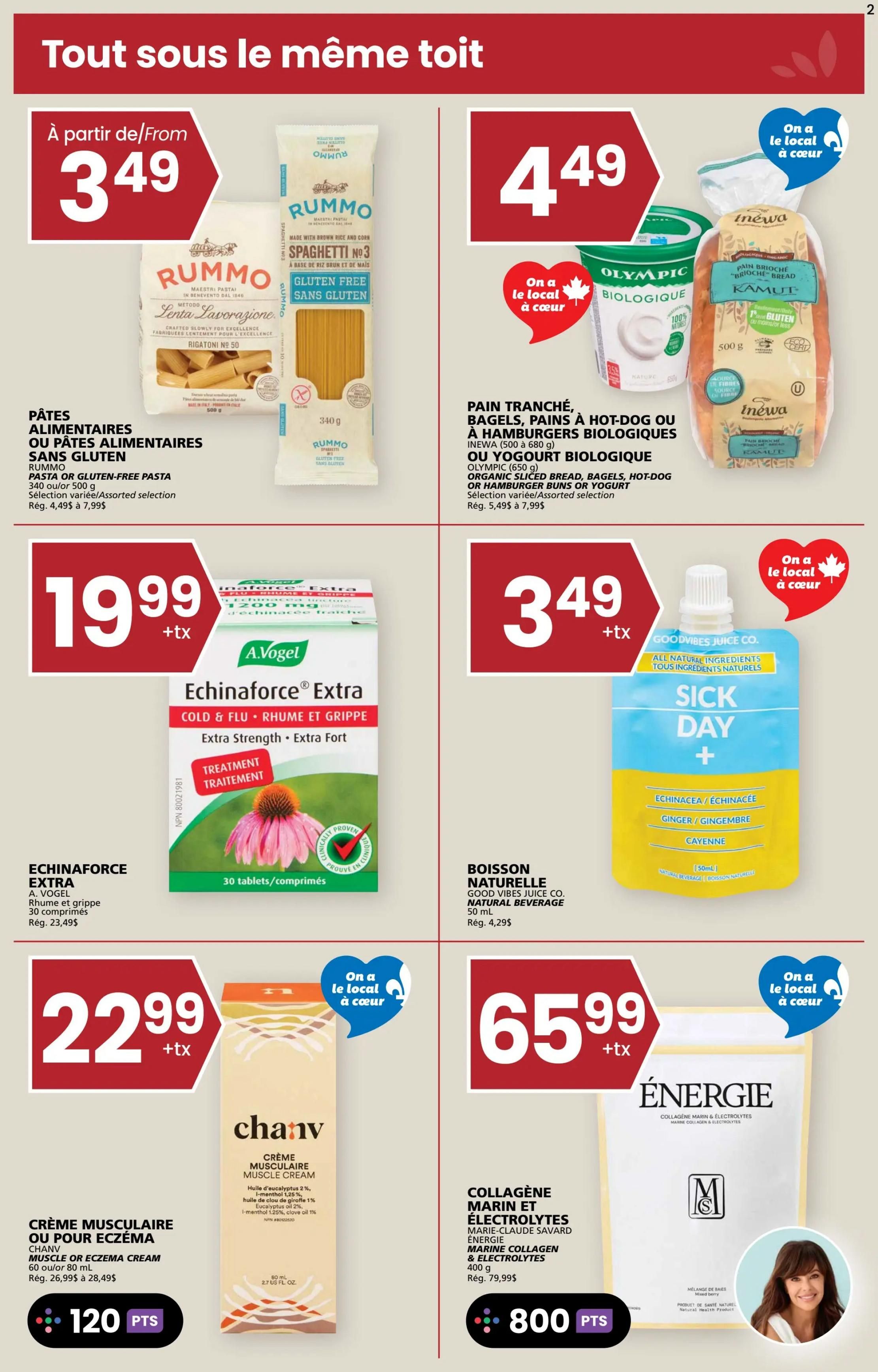 Rachelle Béry weekly flyer specials page 2. Featured products include Rummo Pasta or Gluten-Free Pasta starting from $3.49, available in various selections. Inéwa Organic Sliced Bread, Bagels, or Hamburger Buns are $4.49, along with Olympic Organic Biologique Yogurt. A. Vogel Echinaforce Extra Cold & Flu remedy is $19.99, with a regular price of $23.49. Good Vibes Juice Co. Natural Beverage is $3.49, with a regular price of $4.29. Chanv Muscle or Eczema Cream is $22.99 and earns 120 points. Marie-Claude Savard Énergie Marine Collagen & Electrolytes powder is $65.99 and earns 800 points.