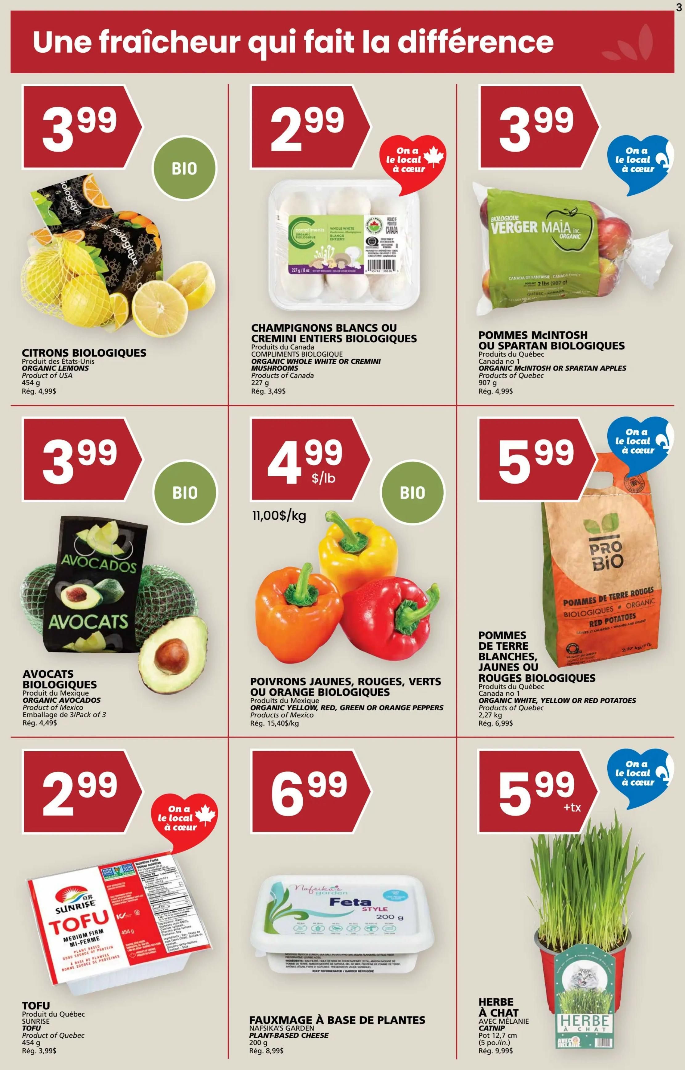 Rachelle Béry weekly flyer, page 3. Featured items include Organic Lemons for $3.99 (regularly $4.99), Organic Whole White or Cremini Mushrooms for $2.99 (regularly $3.49), and Organic McIntosh or Spartan Apples for $3.99 (regularly $4.99). Also available are Organic Avocados, 3/pack, for $3.99 (regularly $4.49), Organic Yellow, Red, Green, or Orange Peppers for $4.99/lb (regularly $15.40/kg), and Organic White, Yellow, or Red Potatoes for $5.99 (regularly $6.99). Additional specials include Sunrise Tofu, Medium Firm, from Quebec for $3.99, Nafsika's Garden Feta Style Plant-Based Cheese for $6.99 (regularly $8.99), and Catnip Cat Grass for $5.99 (regularly $9.99).