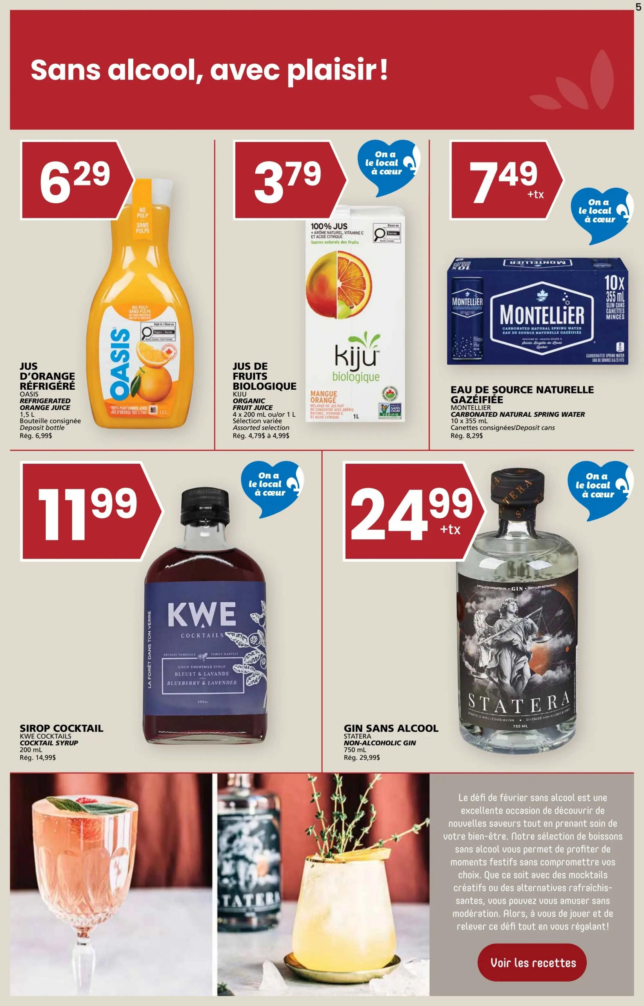 Rachelle Béry weekly flyer specials page 5 features alcohol-free beverages. Oasis Refrigerated Orange Juice 1.5L is $6.29, with a regular price of $6.99. Kiju Organic Fruit Juice, assorted selection, 4 x 200 mL or 1 L, is $3.79. Montellier Carbonated Natural Spring Water, 10 x 355 mL slim cans, is $7.49 plus tax, with deposit on cans. KWE Cocktails Syrup in Blueberry & Lavender flavour, 200 mL, is $11.99, with a regular price of $14.99. Statera Non-Alcoholic Gin, 750 mL, is $24.99 plus tax, with a regular price of $29.99. The page also includes a section encouraging participation in a 'dry February' challenge with recipes available.