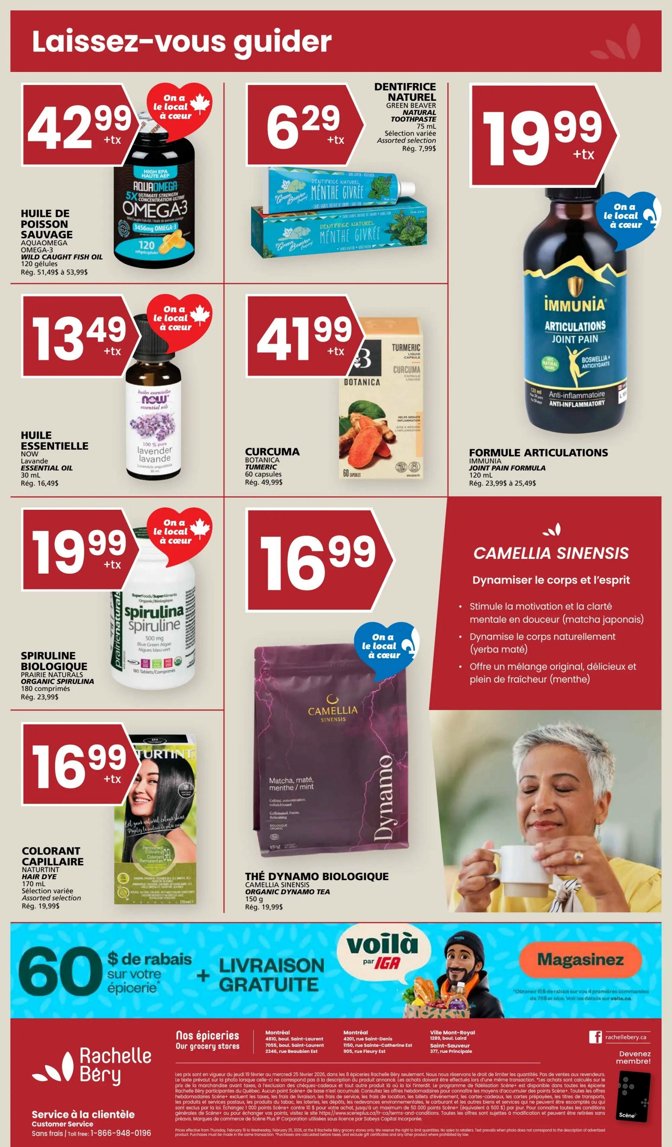 Rachelle Béry weekly flyer specials page 8. Featured products include AquaOmega Wild Caught Fish Oil Omega-3 capsules for $42.99, Green Beaver Natural Toothpaste for $6.29, Botanica Turmeric Liquid Capsules for $41.99, NOW Lavender Essential Oil for $13.49, Immunia Joint Pain Formula for $19.99, Prairie Naturals Organic Spirulina for $19.99, and Naturtint Hair Dye for $16.99. Also featured is Camellia Sinensis Organic Dynamo Tea for $16.99. The page highlights $60 in grocery savings with free delivery by Voilà. Customer service contact information and store locations are also provided.