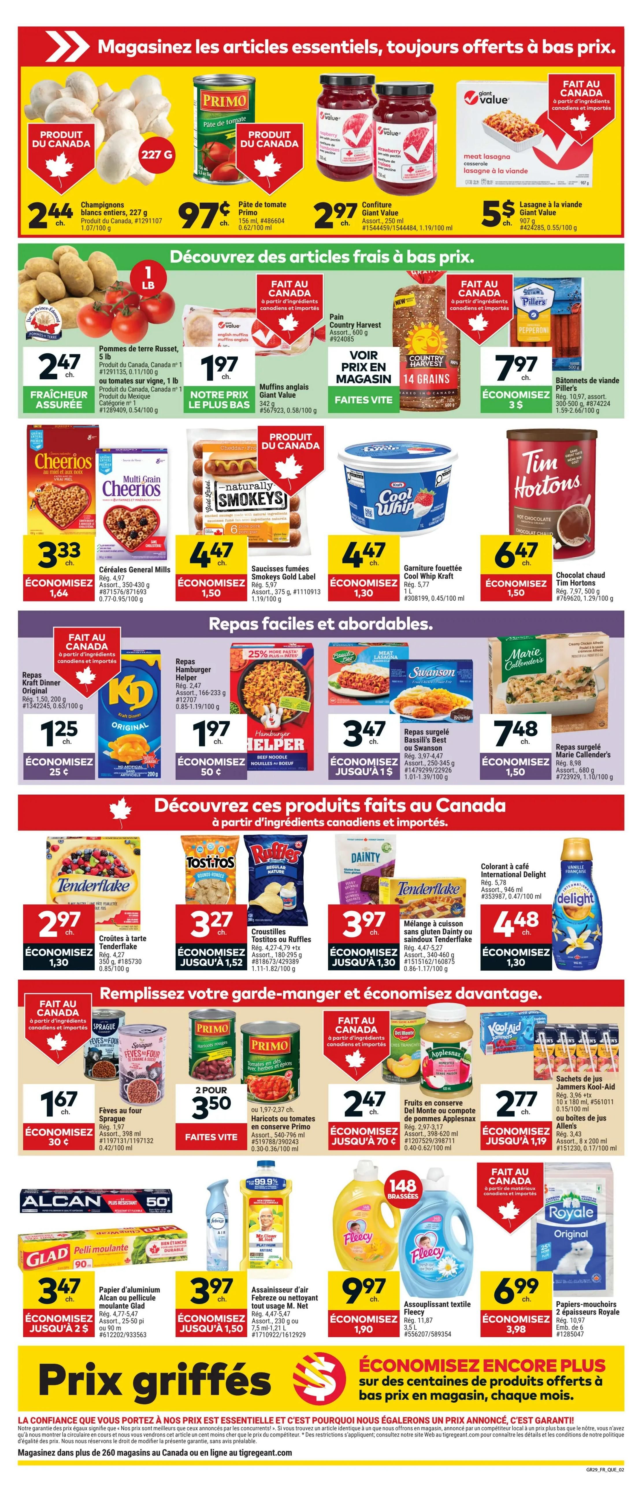 Giant Tiger weekly flyer specials page 2. Featured items include: Whole white mushrooms, 227 g for $2.44; Primo tomato paste, 156 ml for $0.97; Giant Value raspberry or strawberry jam, 250 ml for $2.97; Giant Value meat lasagna casserole, 907 g for $5.00. Discover Canadian products: Russet potatoes, 5 lb for $2.47, or vine tomatoes, 1 lb for $2.47; Giant Value English muffins, 342 g for $1.97; Country Harvest 14 Grains bread, 600 g (price in store); Piller's Original pepperoni sausages, 500 g for $7.97. Easy and affordable meals: Kraft Dinner Original, 200 g for $1.25; Helper Hamburger Helper, 166-233 g for $1.97; Marie Callender's creamy chicken alfredo, 680 g for $7.48. More Canadian products: Sprague baked beans, 398 ml for $1.67; Primo red kidney beans, 796 ml for $3.50 for 2 cans, or Primo diced tomatoes with herbs and spices, 540-796 ml for $3.50 for 2 cans. Del Monte canned fruits or Applesnax applesauce, 398-620 ml for $2.47; Kool-Aid Jammers juice boxes, 10 x 180 ml for $2.77, or Allen's juice boxes, 8 x 200 ml for $2.77. Tenderflake pie crusts, 350 g for $2.97; Tostitos or Ruffles chips, 180-295 g for $3.27. International Delight vanilla coffee enhancer, 946 ml for $4.48. Also featured: General Mills Cheerios or Multi Grain Cheerios cereals, 350-430 g for $3.33; Smokeys Gold Label smoked sausages, 375 g for $4.47. Glad cling wrap, 90 m for $3.47; Febreze air freshener, 230 g or 1.21 L for $3.97. Fleecy fabric softener, 3.5 L for $9.97; Royale 2-ply facial tissues, 6 boxes for $6.99.
