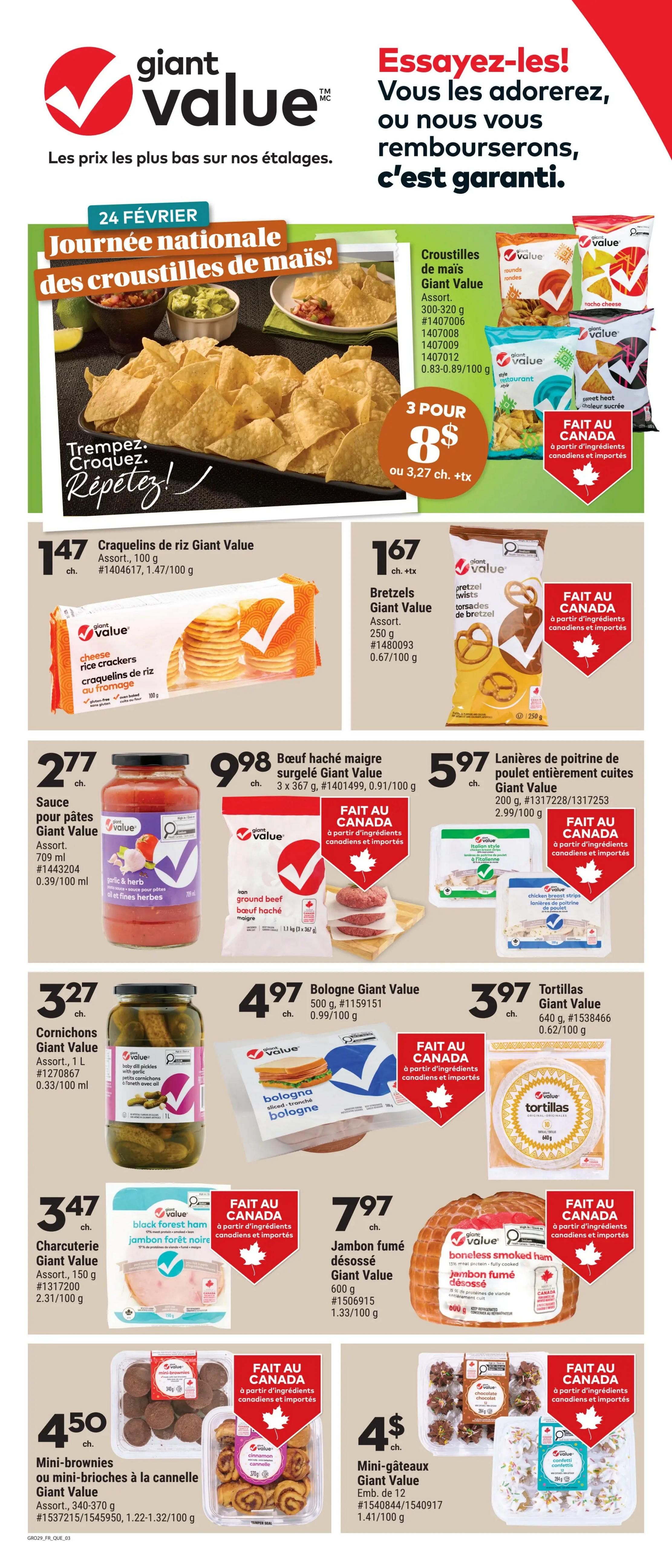 Giant Tiger weekly flyer specials page 3 features a national corn chip day promotion with various Giant Value brand chips. Offers include 3 bags of Giant Value corn chips for $8, or $3.27 each, in assorted sizes from 300-320g. Also featured are Giant Value rice crackers for $1.47 each (100g), Giant Value pretzels for $1.67 each (250g), Giant Value pasta sauce for $2.77 each (709ml), Giant Value Italian style chicken breast strips for $5.97 (2 x 367g), Giant Value cornichons (pickles) for $3.27 each (1 L), Giant Value tortillas for $3.97 each (640g), Giant Value black forest ham for $3.47 each (150g), Giant Value boneless smoked ham for $7.97 each (800g), Giant Value mini-brownies or mini-cinnamon brioches for $4.50 each (340-370g), and Giant Value mini chocolate cakes or mini confetti cakes for $4 each (284g). Many products are highlighted as 'Made in Canada' with Canadian and imported ingredients.