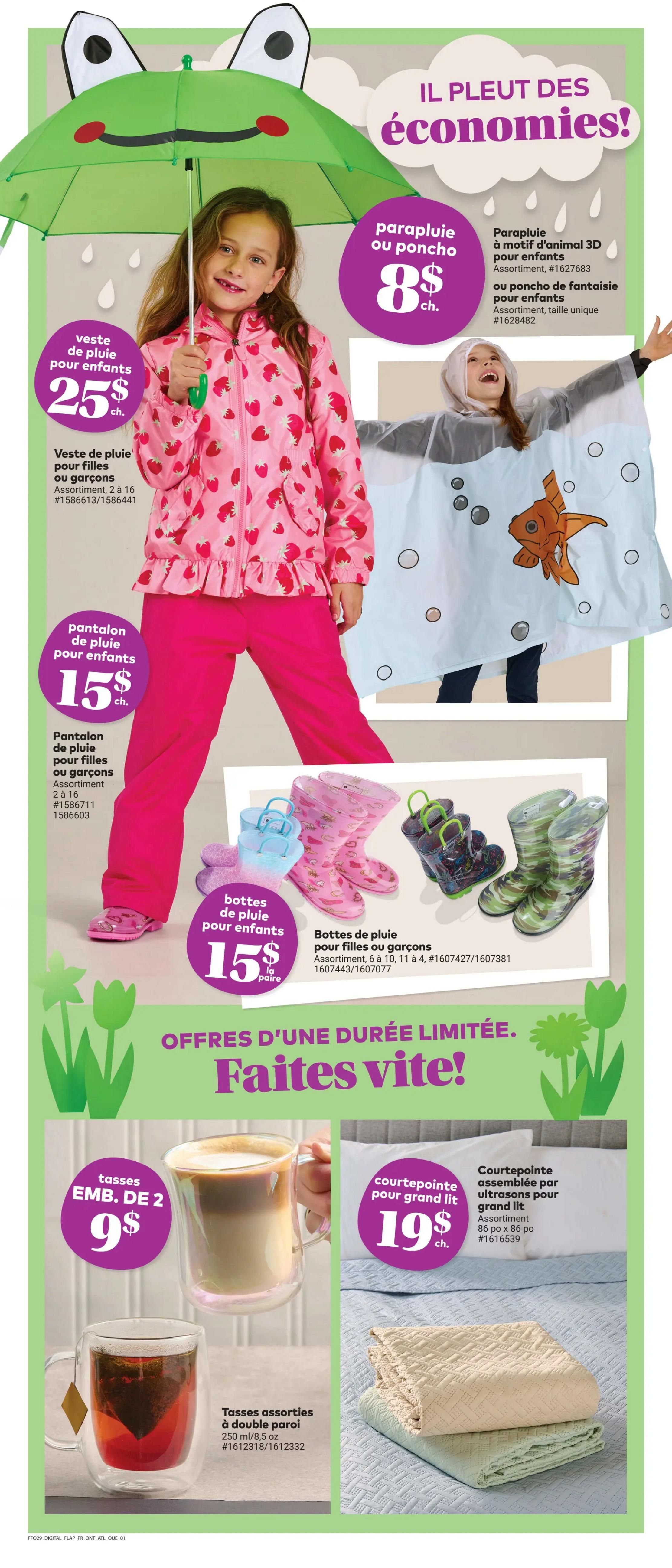 Giant Tiger weekly flyer specials page 4 features a selection of children's rain gear and home goods. A girl models a pink strawberry-print rain jacket for $25. Also available are children's rain pants for $15 and children's rain boots for $15 per pair in assorted styles. A 3D animal-motif rain poncho or fantasy poncho for kids is priced at $8. For home, find double-walled glass mugs, 250 ml/8.5 oz, sold in a 2-pack for $9, and ultrasonic quilted bedspreads for queen beds, 86 x 86 in, for $19.
