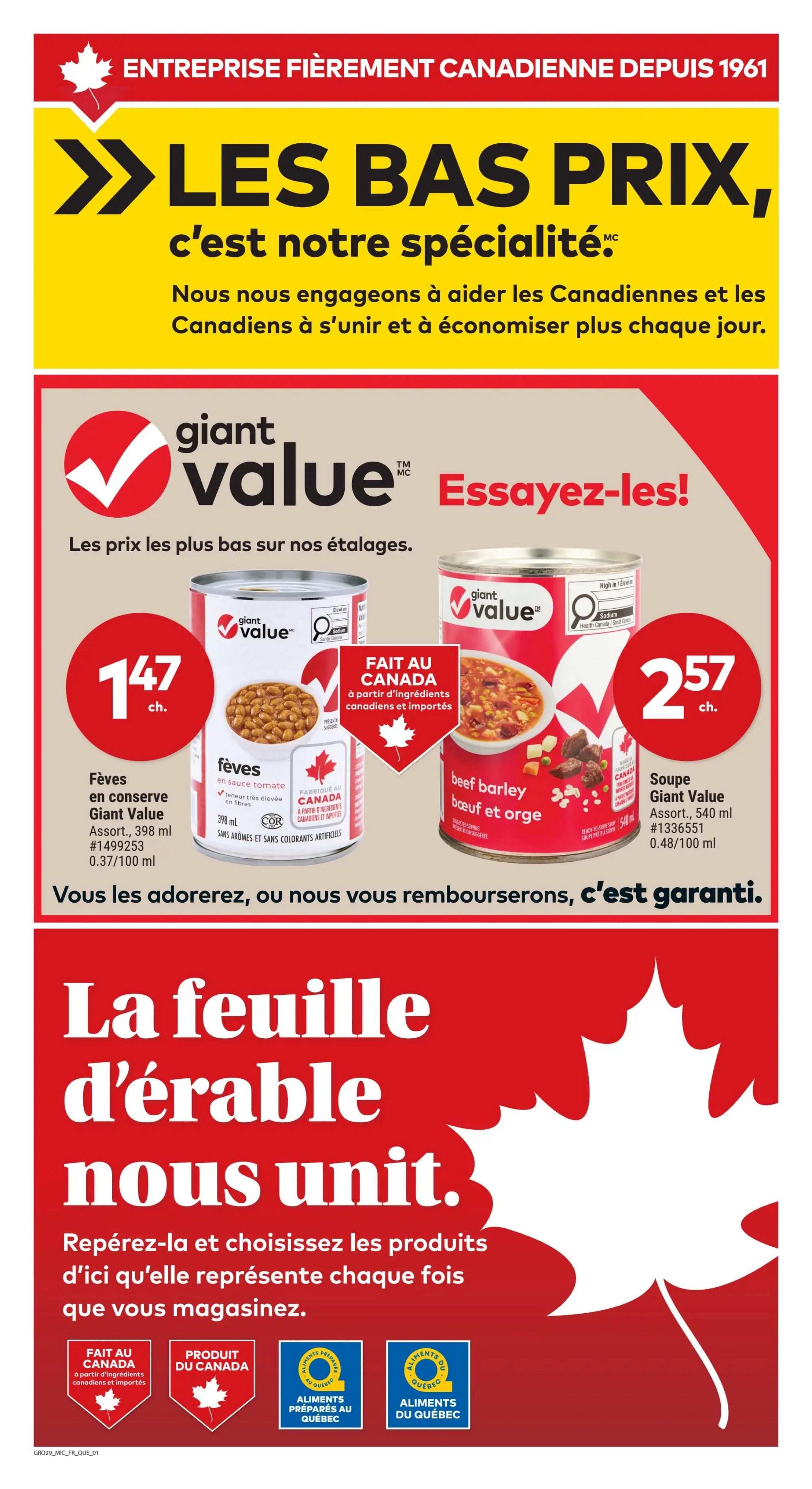 Giant Tiger weekly flyer specials page 5 features 'Les Bas Prix, c'est notre spécialité' (Lowest Prices, our specialty). Featured products include Giant Value canned beans in tomato sauce, 398 ml, for $1.47 each, and Giant Value ready-to-serve beef barley soup, 540 ml, for $2.57 each. Both products are made in Canada from Canadian and imported ingredients. The page also highlights 'La feuille d'érable nous unit' (The maple leaf unites us) and encourages shoppers to choose products that represent them. It includes 'Fait au Canada' (Made in Canada) and 'Produit du Canada' (Product of Canada) logos, as well as 'Aliments préparés au Québec' (Prepared Foods from Quebec) and 'Aliments du Québec' (Quebec Foods) certifications.
