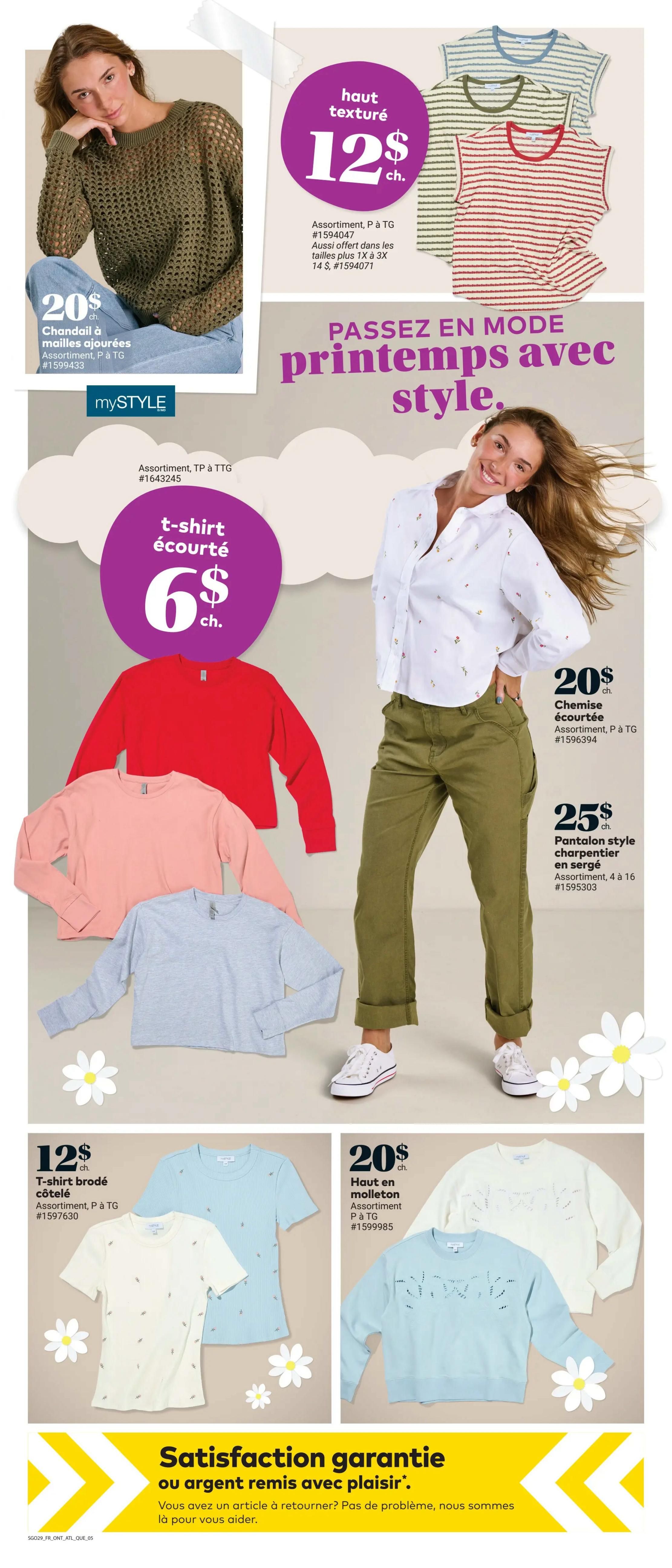 Giant Tiger weekly flyer specials page 7 features a variety of women's apparel. A green open-knit sweater is shown with a price of $20. Also available are striped sleeveless tops for $2 each. A white embroidered button-up shirt is priced at $20. Green carpenter-style twill pants are $25. Long-sleeved cropped t-shirts are available in red, pink, and light blue for $6 each. Embroidered ribbed t-shirts in cream and light blue are $12. Fleece sweatshirts with cut-out lettering in cream and light blue are $20. The page also includes a satisfaction guarantee or money-back offer.